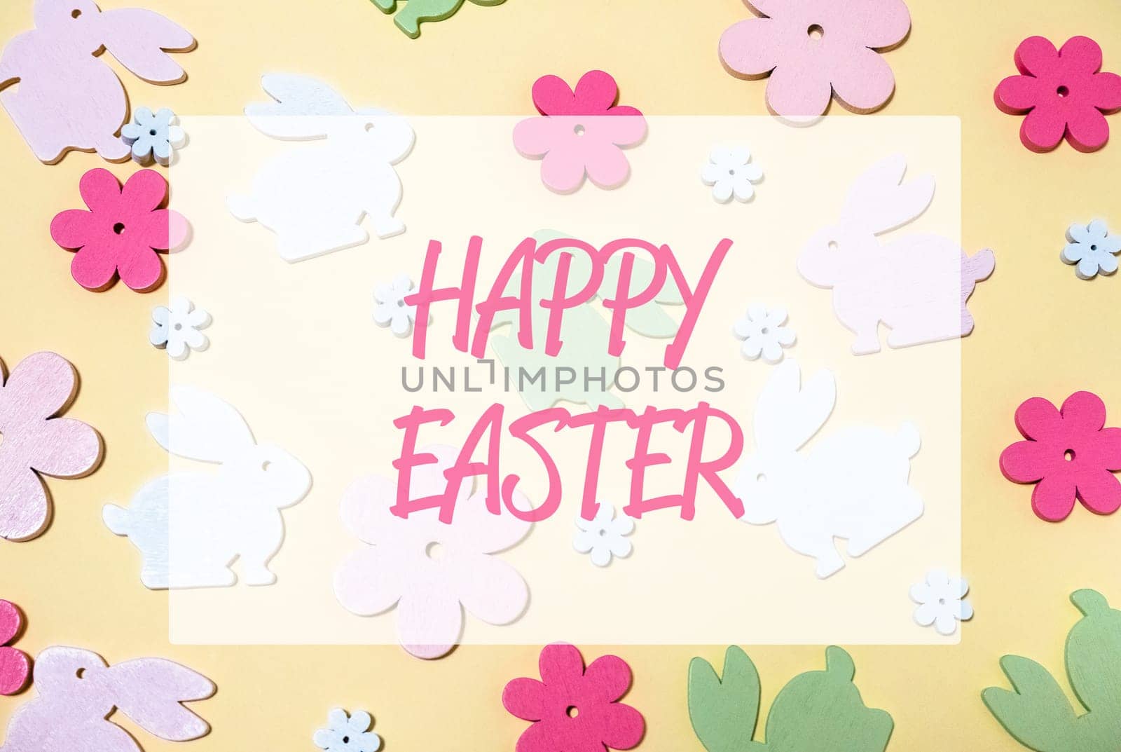 creative template postcard in a festive style on a bright background with flowers text. Flat lay