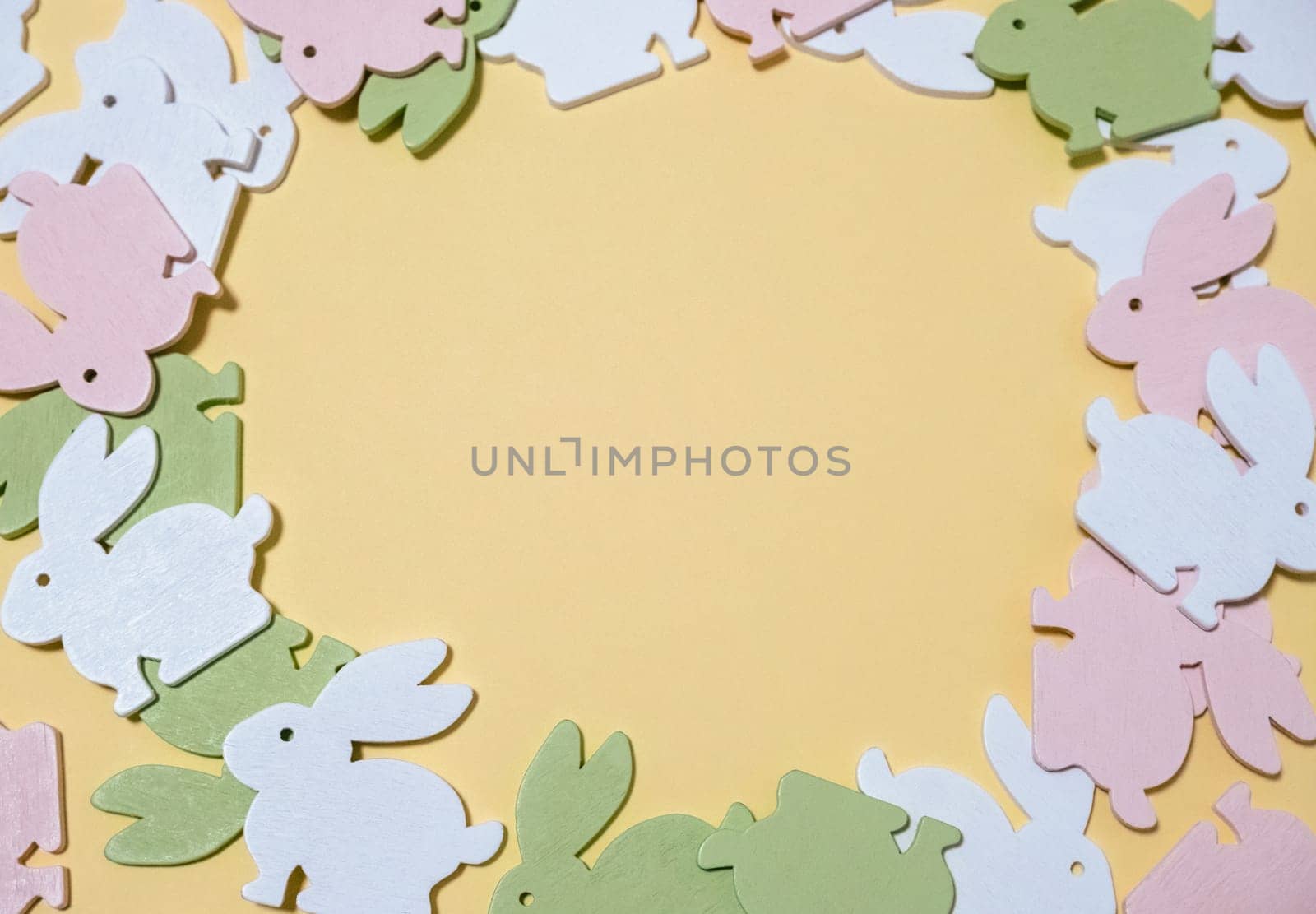 Template for design from Easter bunnies with copy space. High quality photo. Creative spring background. Flat lay.