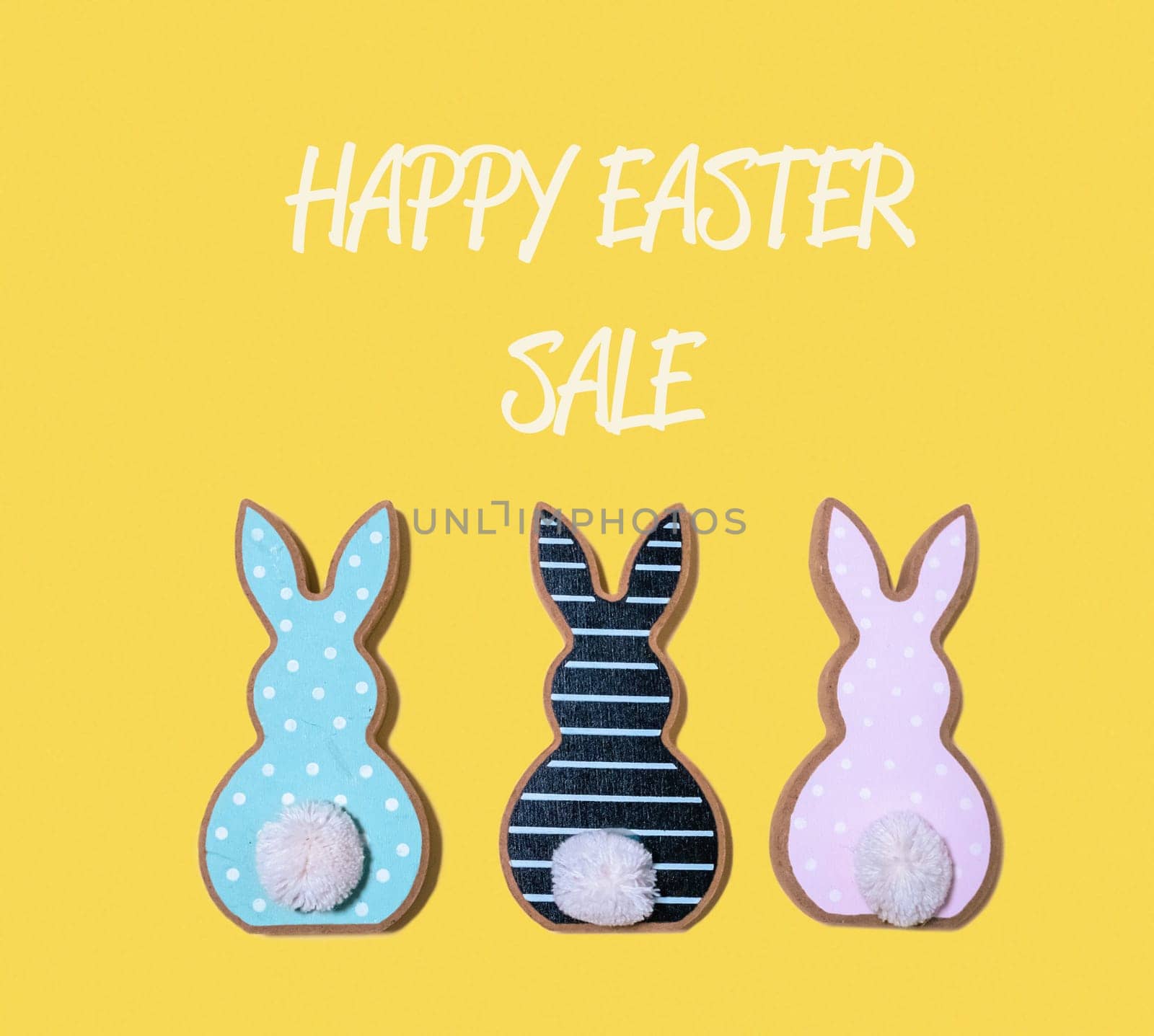 Flat lay top view creative holiday composition Easter sale on yellow background.