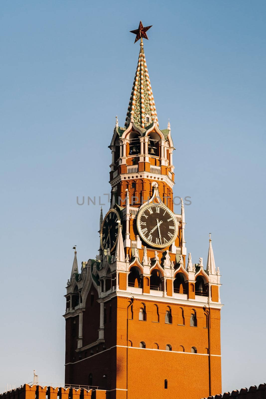 Spasskaya Tower of the Kremlin, located on Red Square in Moscow, Russia.