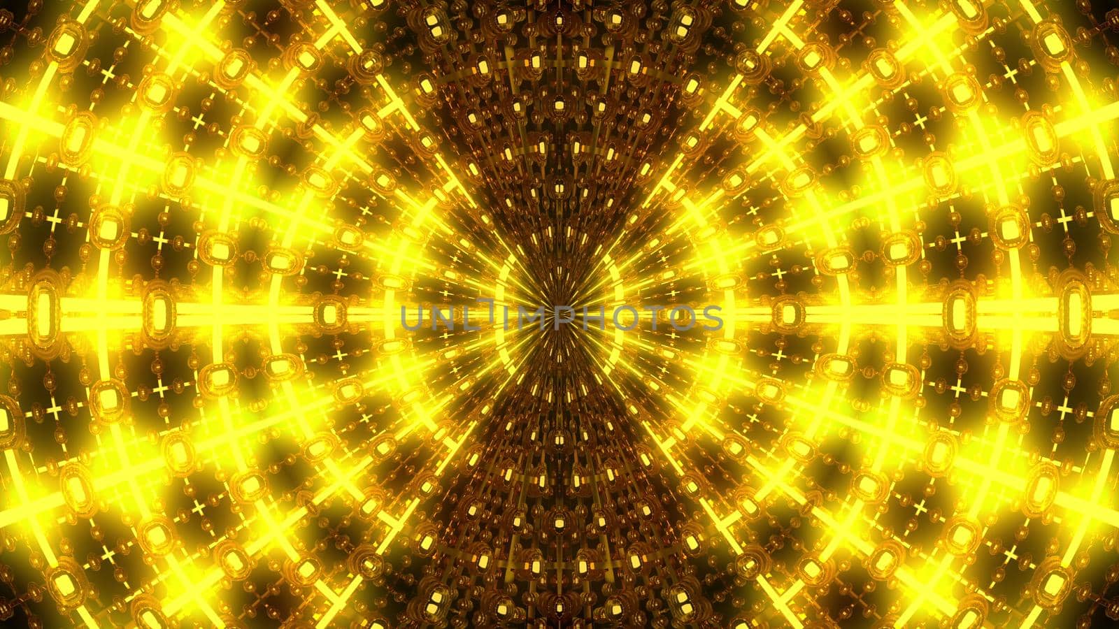 3D rendering radiation from the center of golden flickering particles on a black background, computer generated abstract background