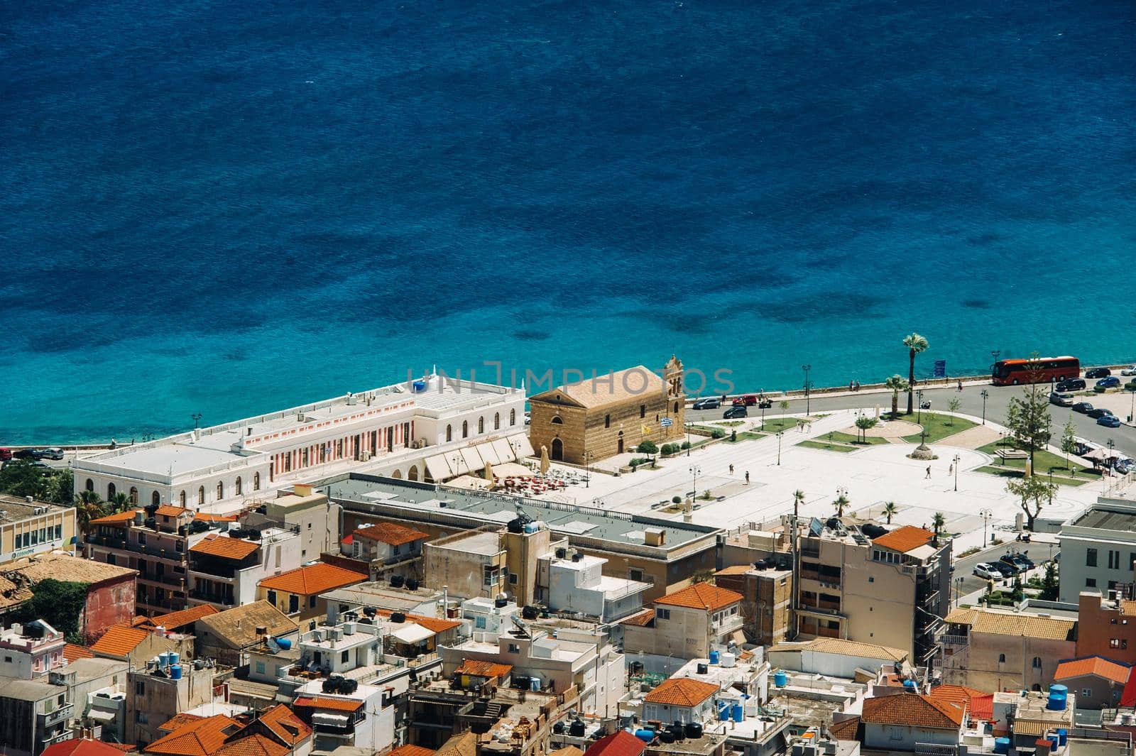 view from the height of the Church of the island of Zakynthos.In the distance, a ferry sails across the Ionian sea. the island of Zakynthos, Greece.
