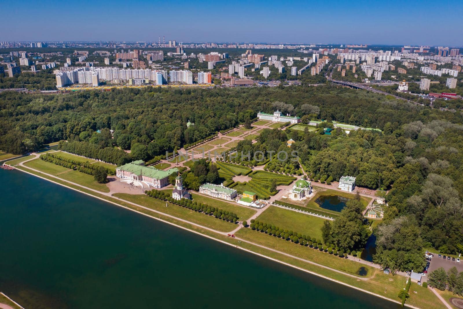 View from the height of the Kuskovo Estate in Moscow, Russia. Kuskovo manor is a unique monument of the XVIII century, a summer residence in Moscow.