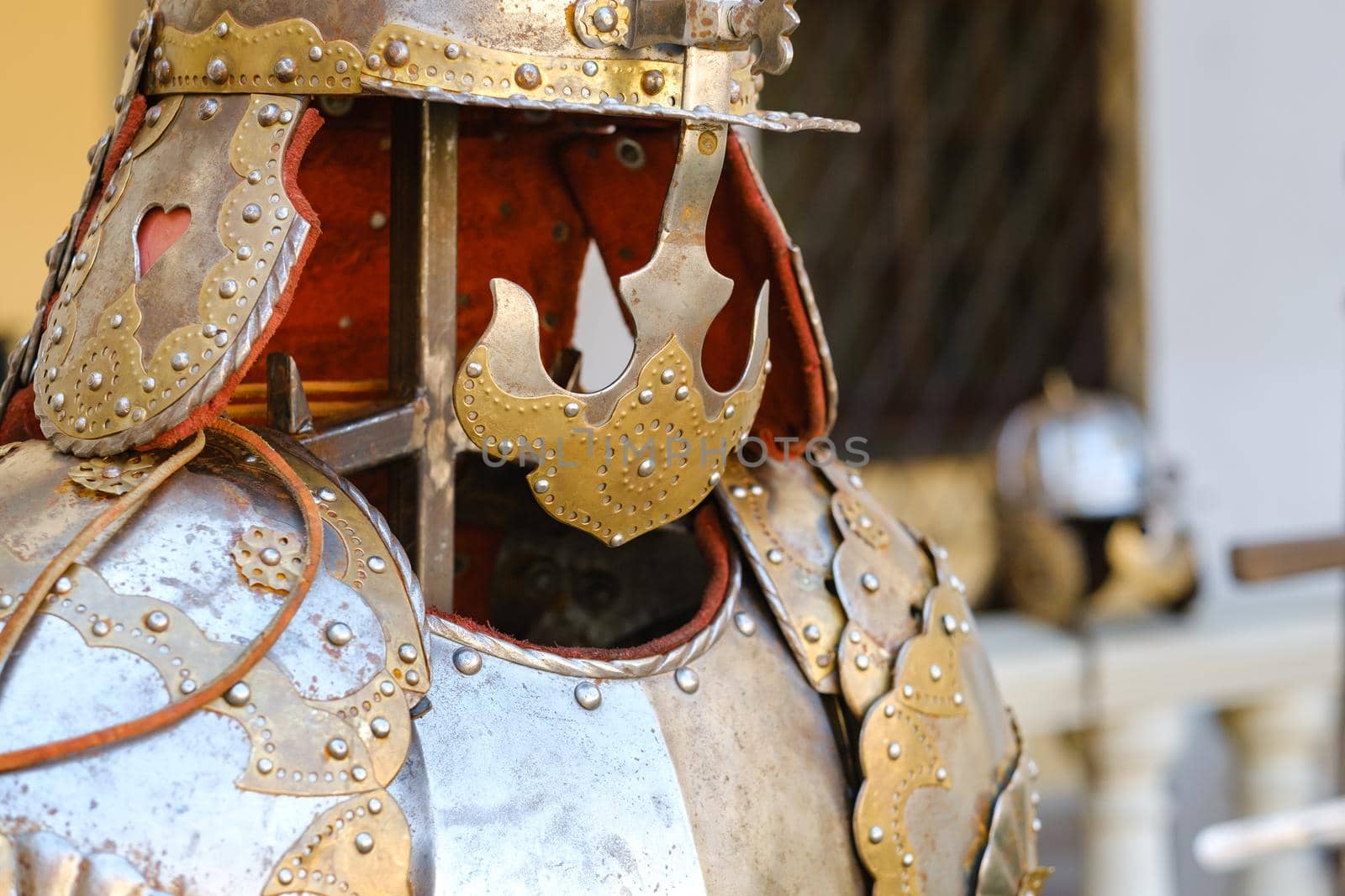 An ancient Knight's helmet with armor.A medieval concept.