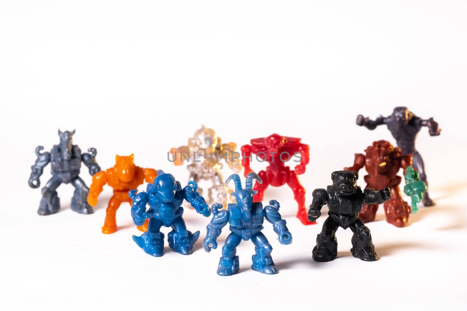 Vintage robot toys isolated on white background.