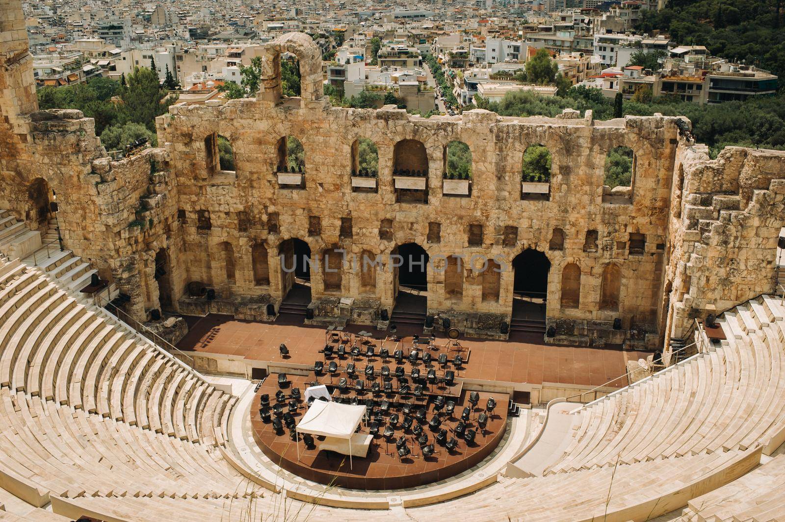 Ancient theater in a summer day in Acropolis Greece, Athnes.