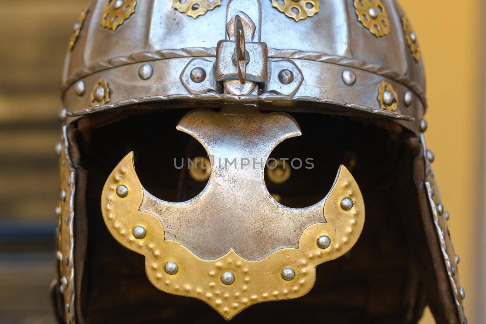 An ancient Knight's helmet with armor.A medieval concept.