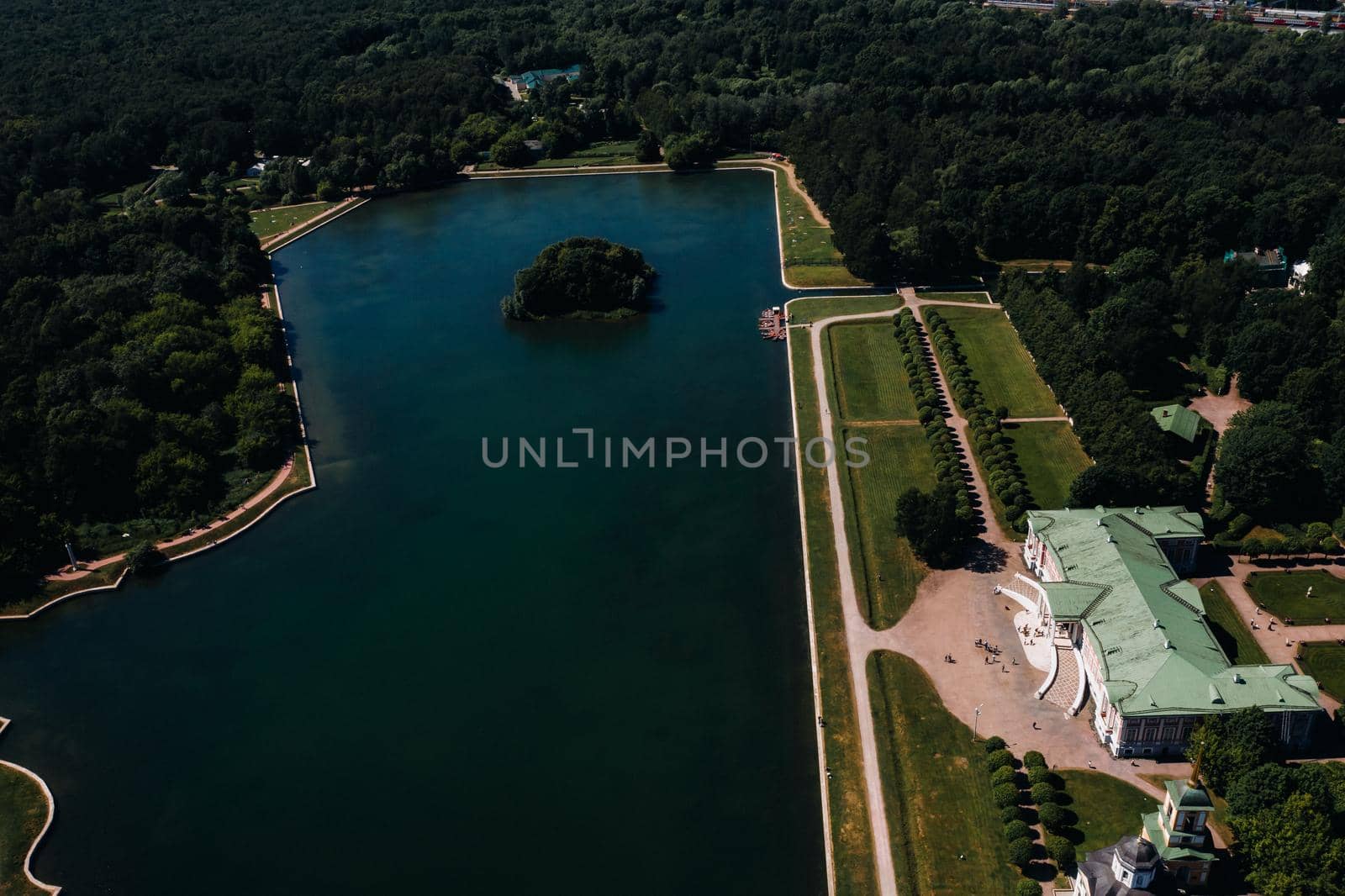 View from the height of the Kuskovo Estate in Moscow, Russia. Kuskovo manor is a unique monument of the XVIII century, a summer residence in Moscow.