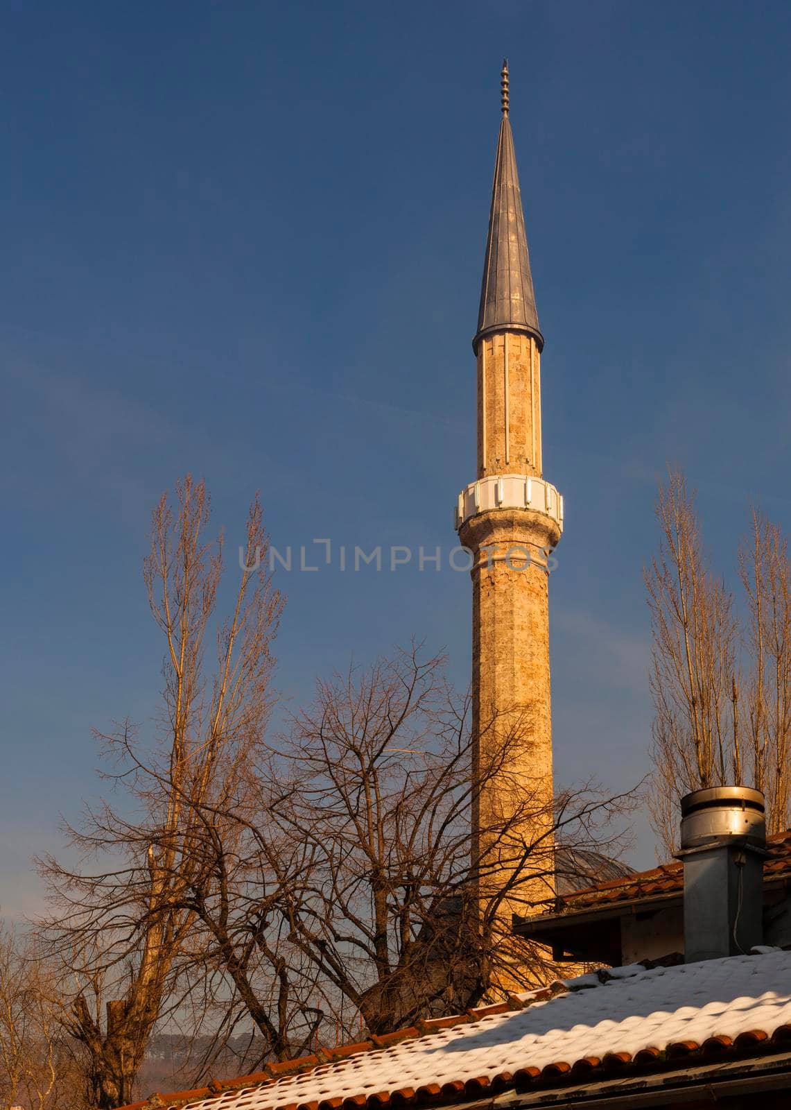 SARAJEVO, BOSNIA-ERZEGOVINA - FEBRUARY, 16: View of the Bascarsijska Dzamija minaret on February 16, 2018