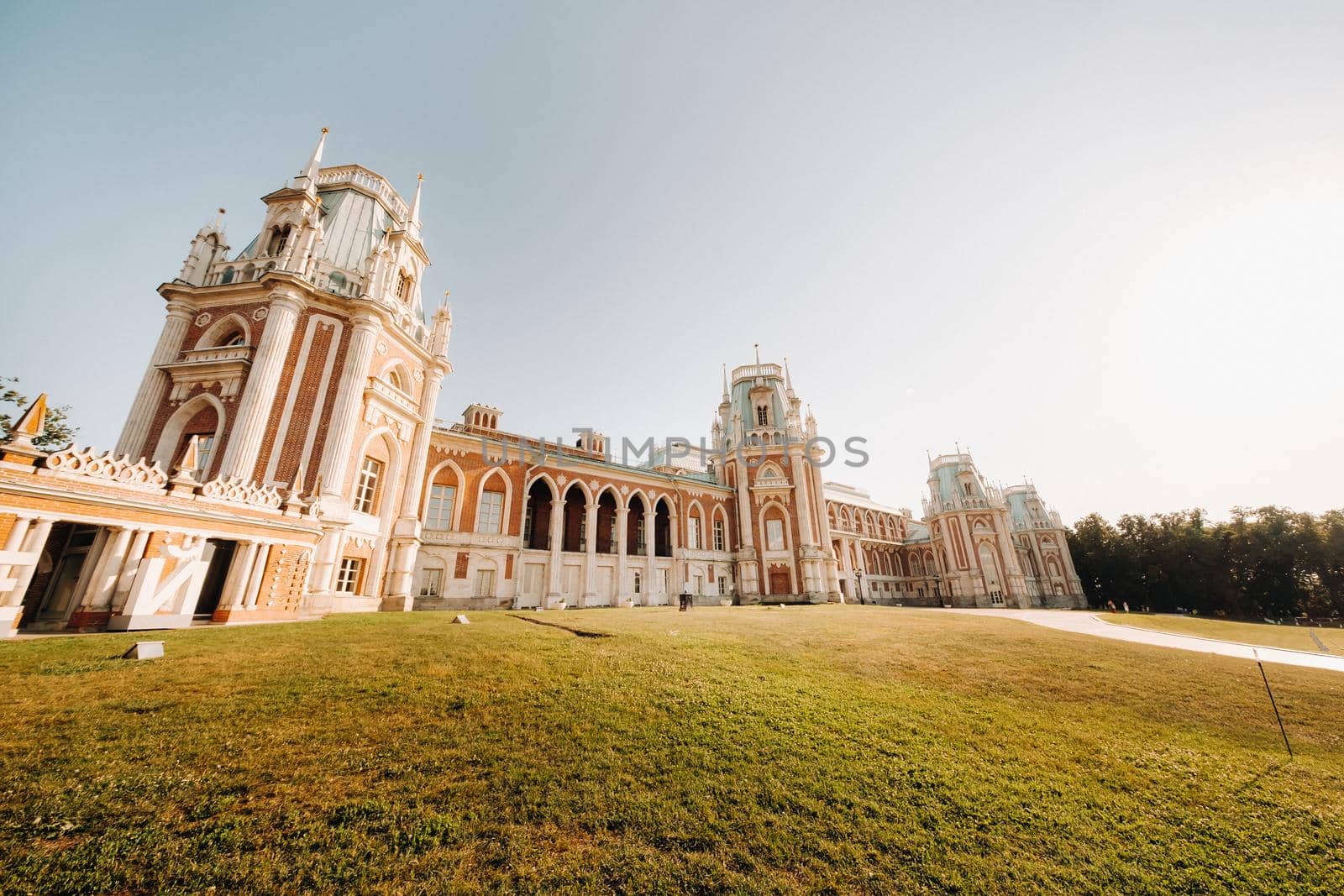 Grand Palace in Tsaritsyno in summer, Russia. Tsaritsyno Park is one of the main tourist attractions in Moscow. Beautiful scenic view of the old Tsaritsyn complex in summer.