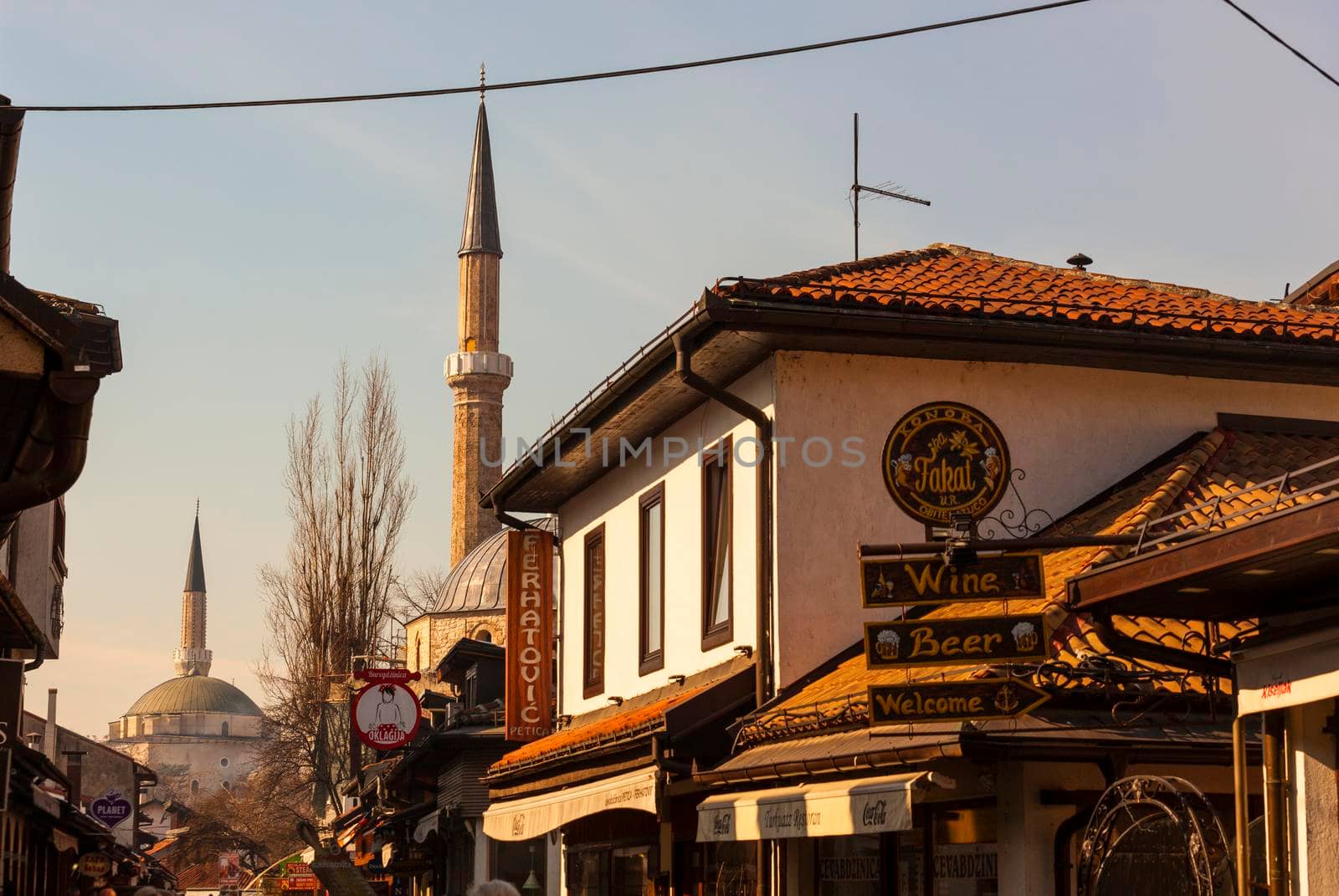 SARAJEVO, BOSNIA-ERZEGOVINA - FEBRUARY, 16: View of the Bascarsijska Dzamija minaret on February 16, 2018