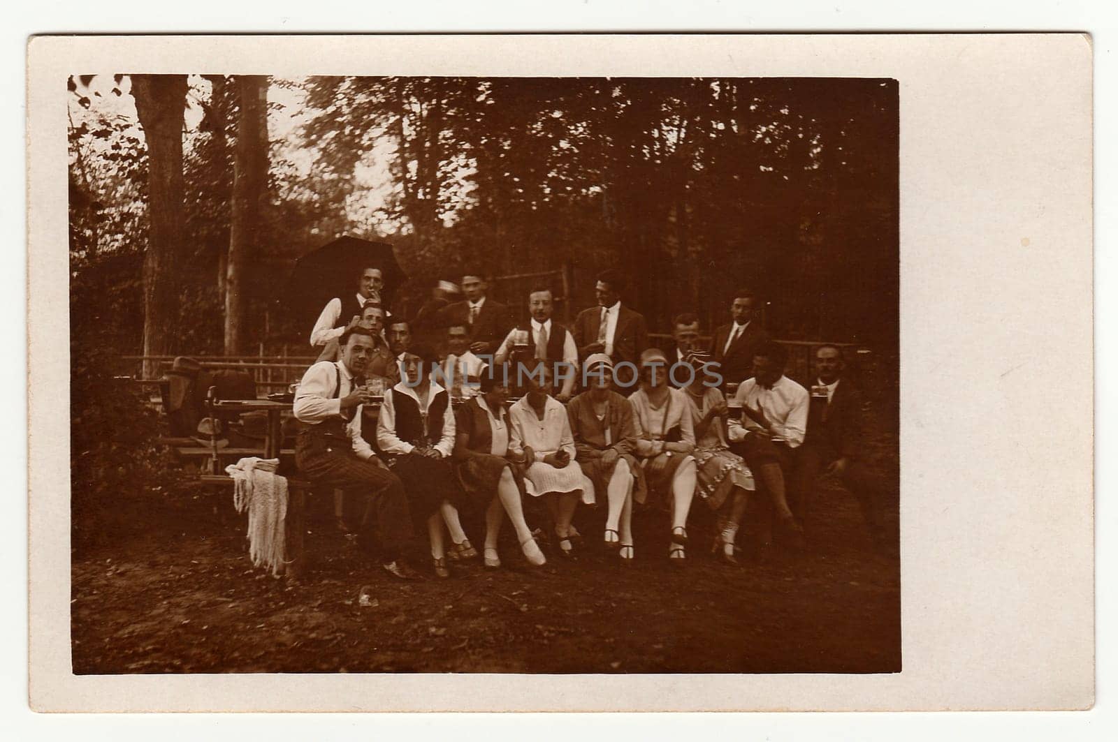 THE CZECHOSLOVAK REPUBLIC, CIRCA 1930s: Vintage photo shows group of people in nature, circa 1930s