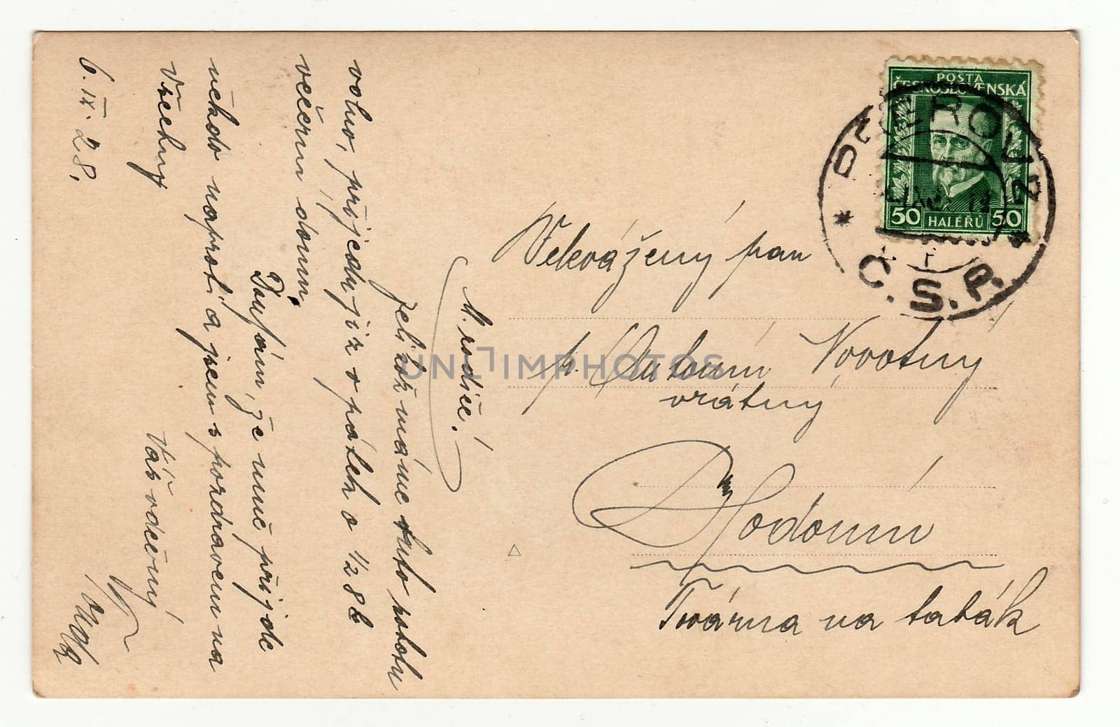 THE CZECHOSLOVAK REPUBLIC, SEPTEMBER 6, 1928: Back of vintage postcard, on September 6, 1928.