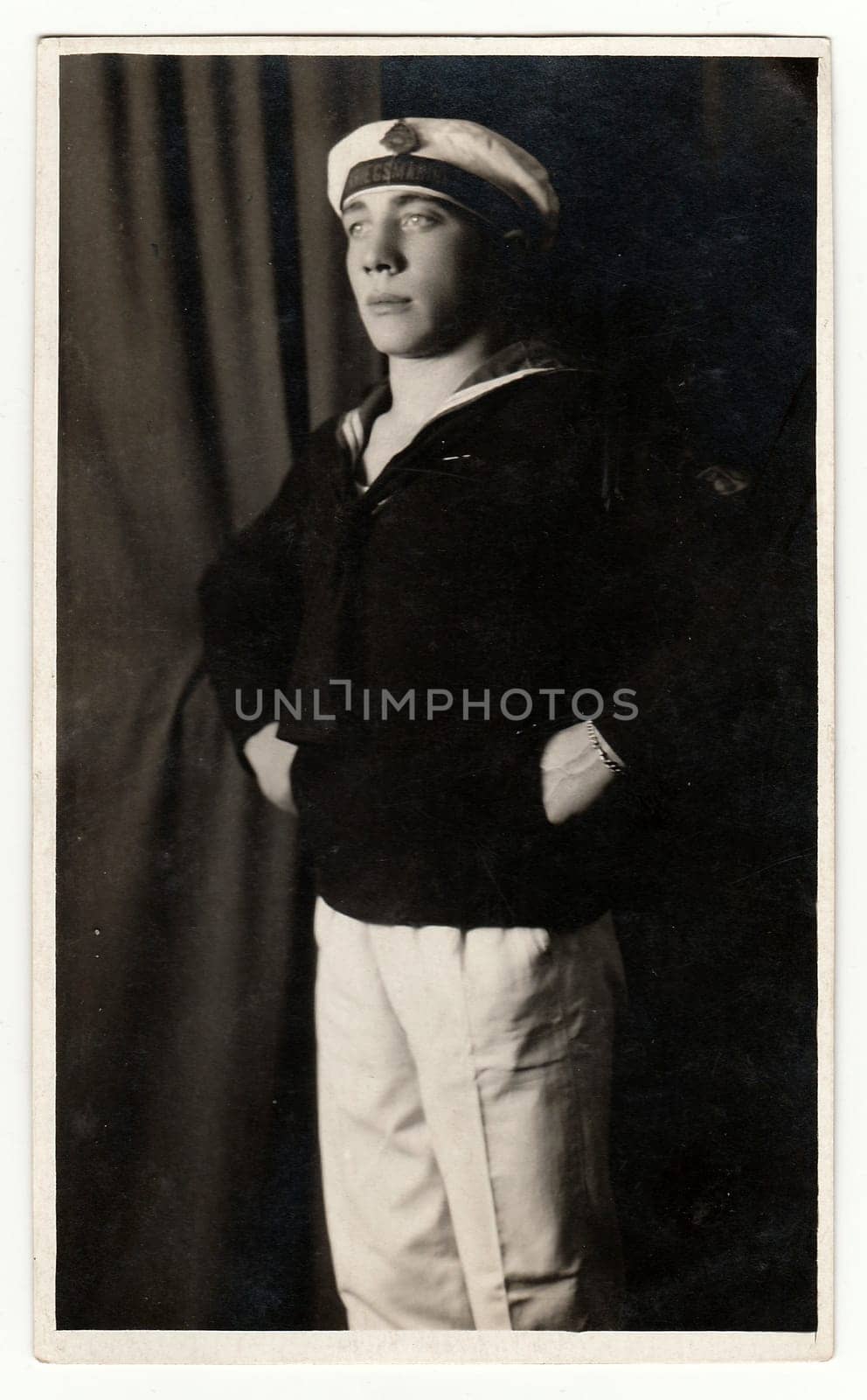 THE CZECHOSLOVAK REPUBLIC, CIRCA 1930s: Vintage portrait photo shows young man in a marine costum. Photo studio portrait, circa 1930s.