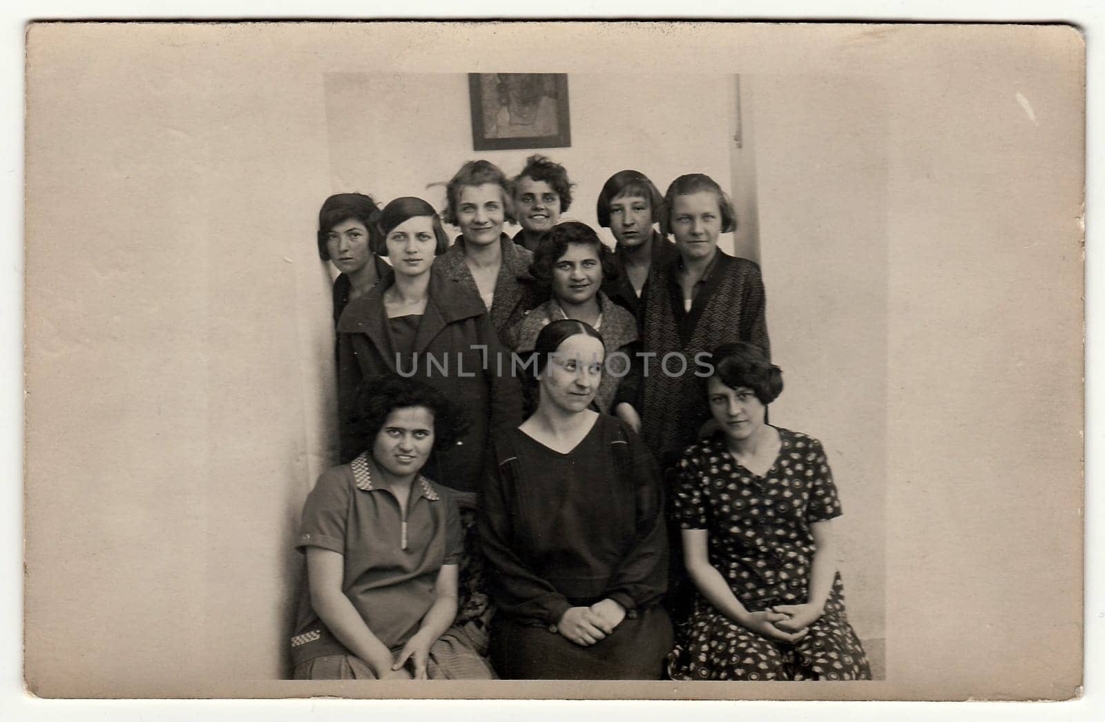 Vintage photo shows a group of girls (classmates) in school hallway with tutor, 1927 in Hodonin. by roman_nerud