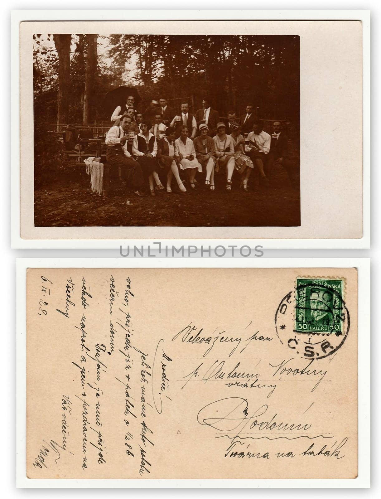 THE CZECHOSLOVAK REPUBLIC, CIRCA 1930s: Front and back of vintage photo. Vintage photo shows group of people in nature, circa 1930s