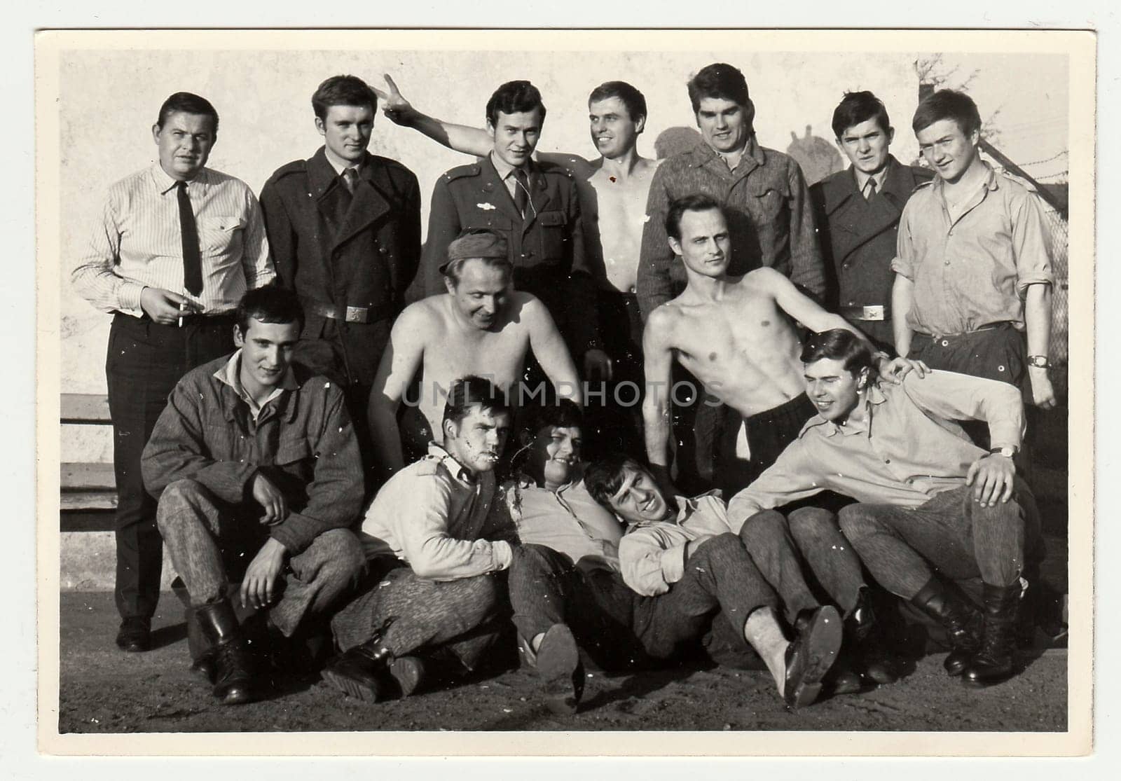 THE CZECHOSLOVAK SOCIALIST REPUBLIC, CIRCA 1965: A vintage photo shows soldiers look forward to going out of the Army.