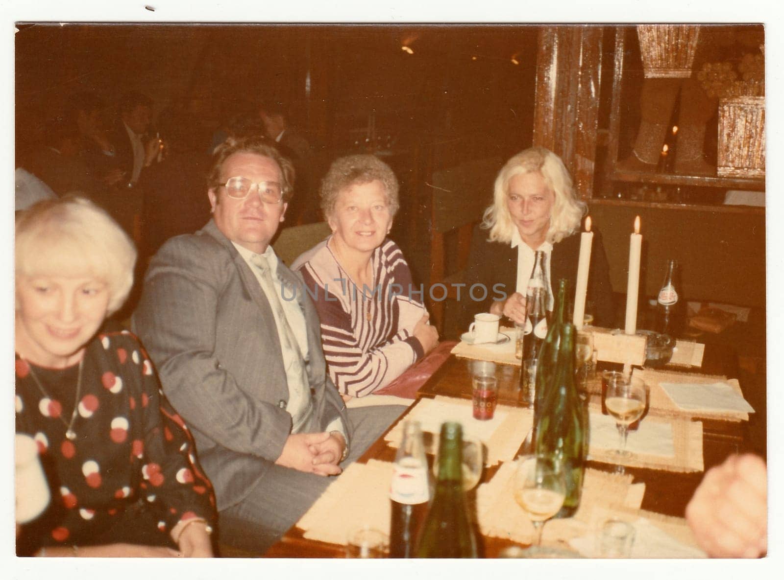 THE CZECHOSLOVAK SOCIALIST REPUBLIC, 1985: Vintage photo shows a group of people in a wine bar.