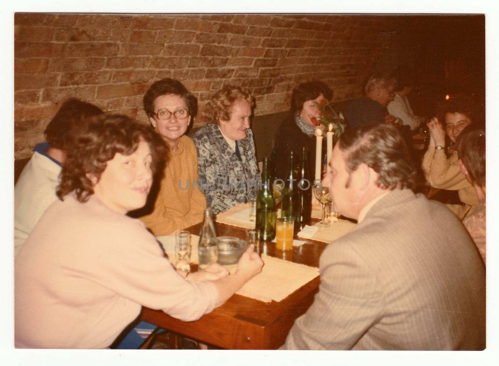 THE CZECHOSLOVAK SOCIALIST REPUBLIC, 1985: Vintage photo shows a group of people in a wine bar.