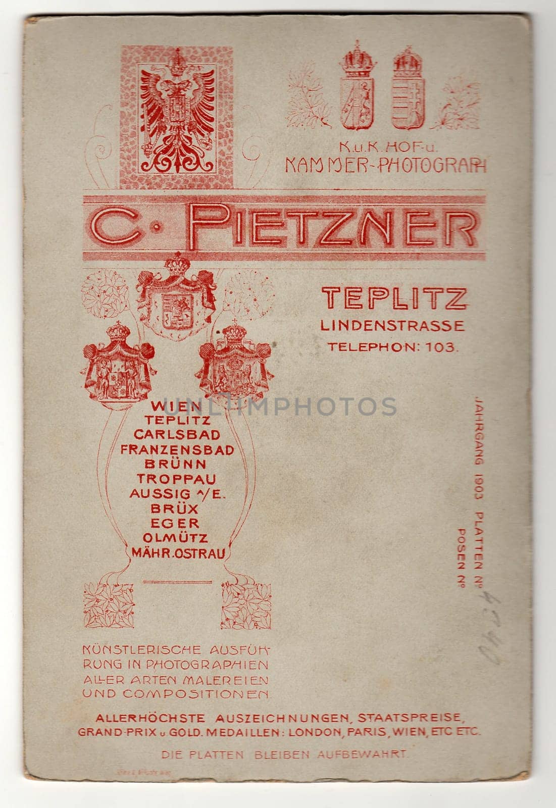 TEPLICE, THE CZECHOSLOVAK REPUBLIC - CIRCA 1930s: Back of vintage photo