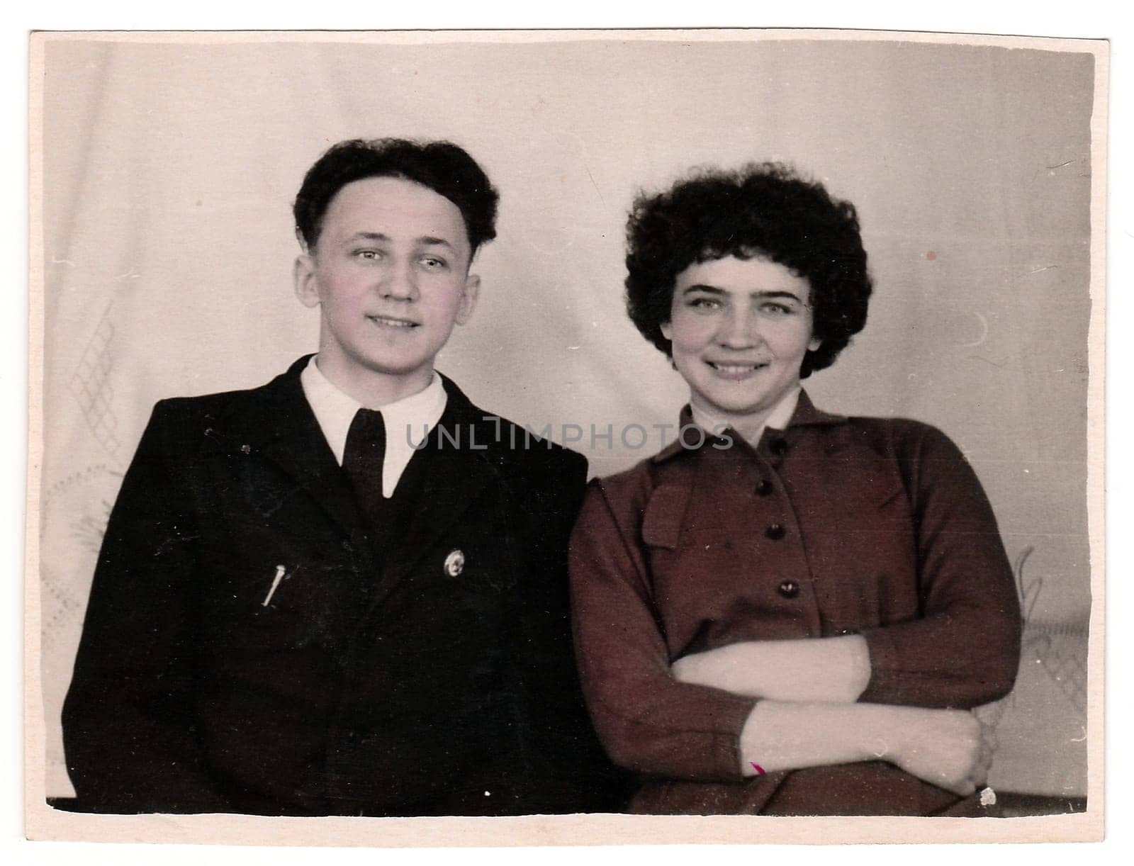 USSR - CIRCA 1970s: Vintage photo of a young couple with origin retouching (colored cheeks).