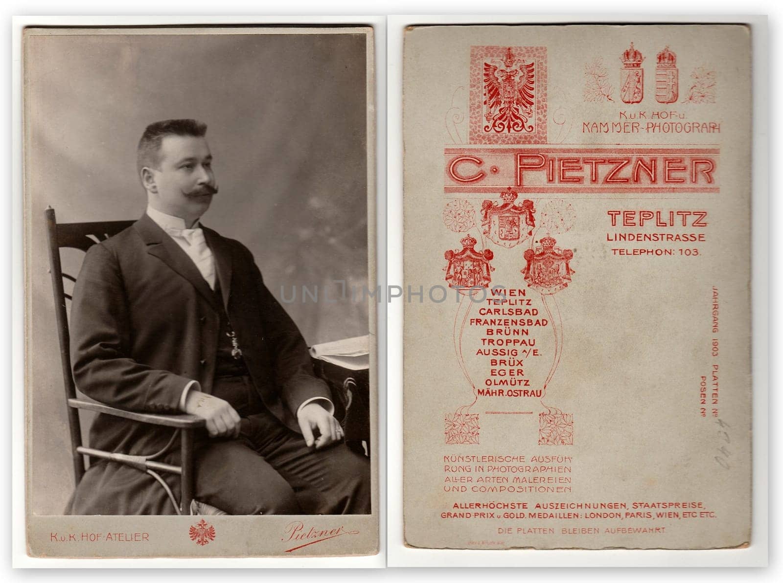 TEPLICE, THE CZECHOSLOVAK REPUBLIC - CIRCA 1930s: Vintage photo shows man sits on a chair. Front and back of vintage photo.