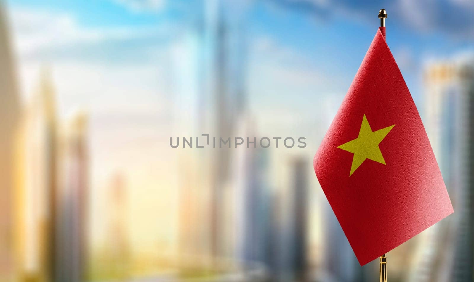 Small flags of the Vietnam on an abstract blurry background.