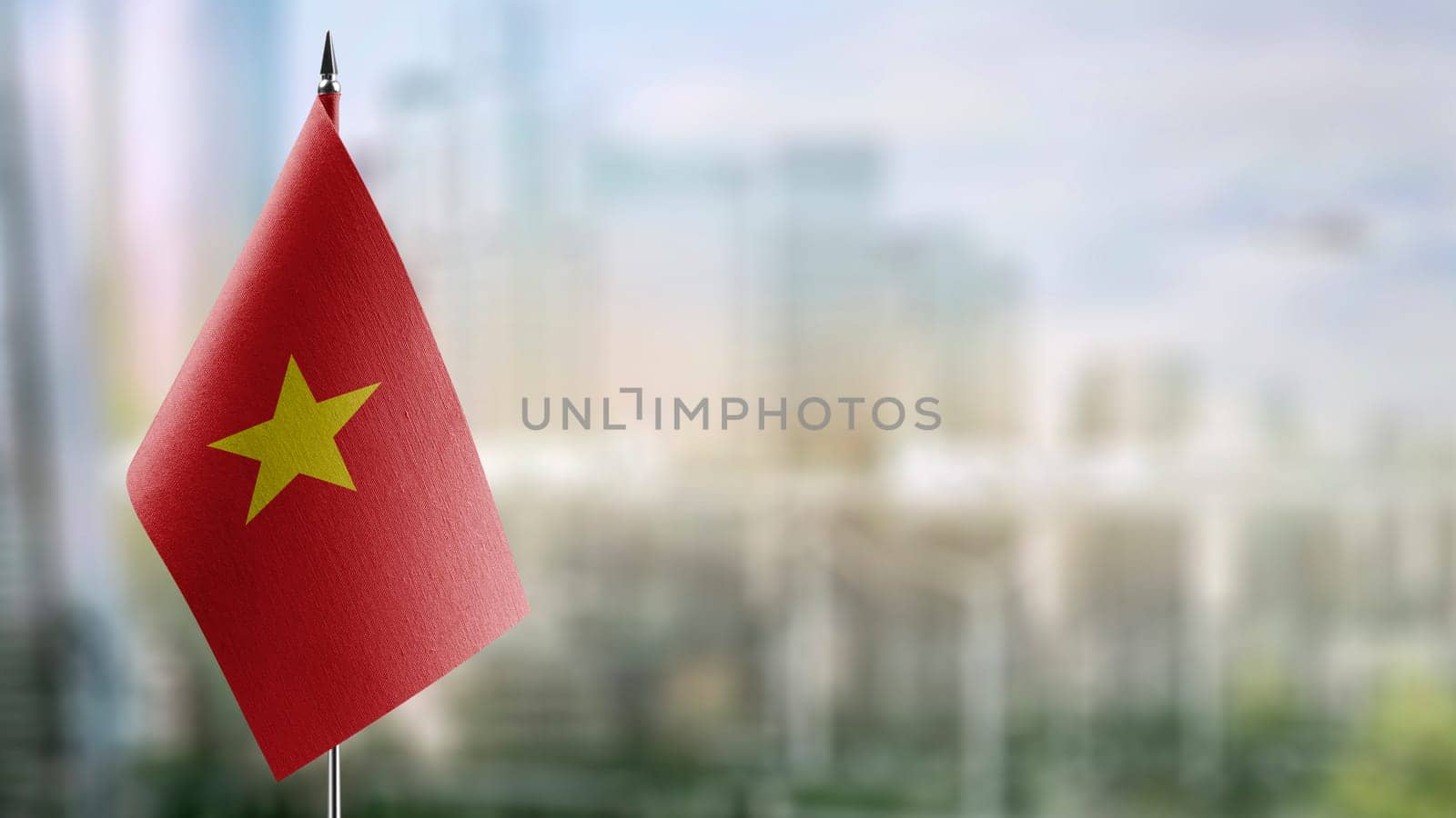 Small flags of the Vietnam on an abstract blurry background.