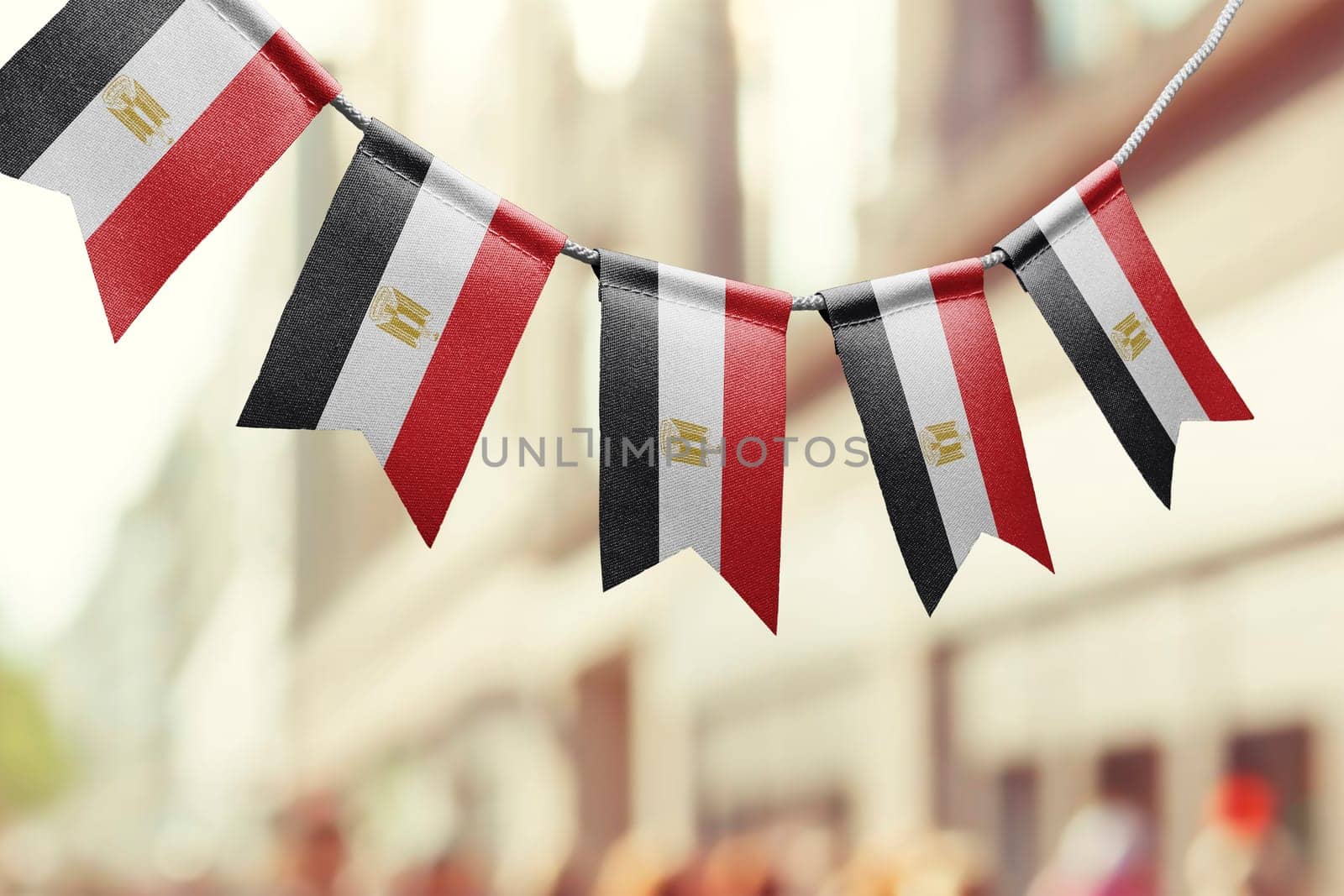 A garland of Egypt national flags on an abstract blurred background.