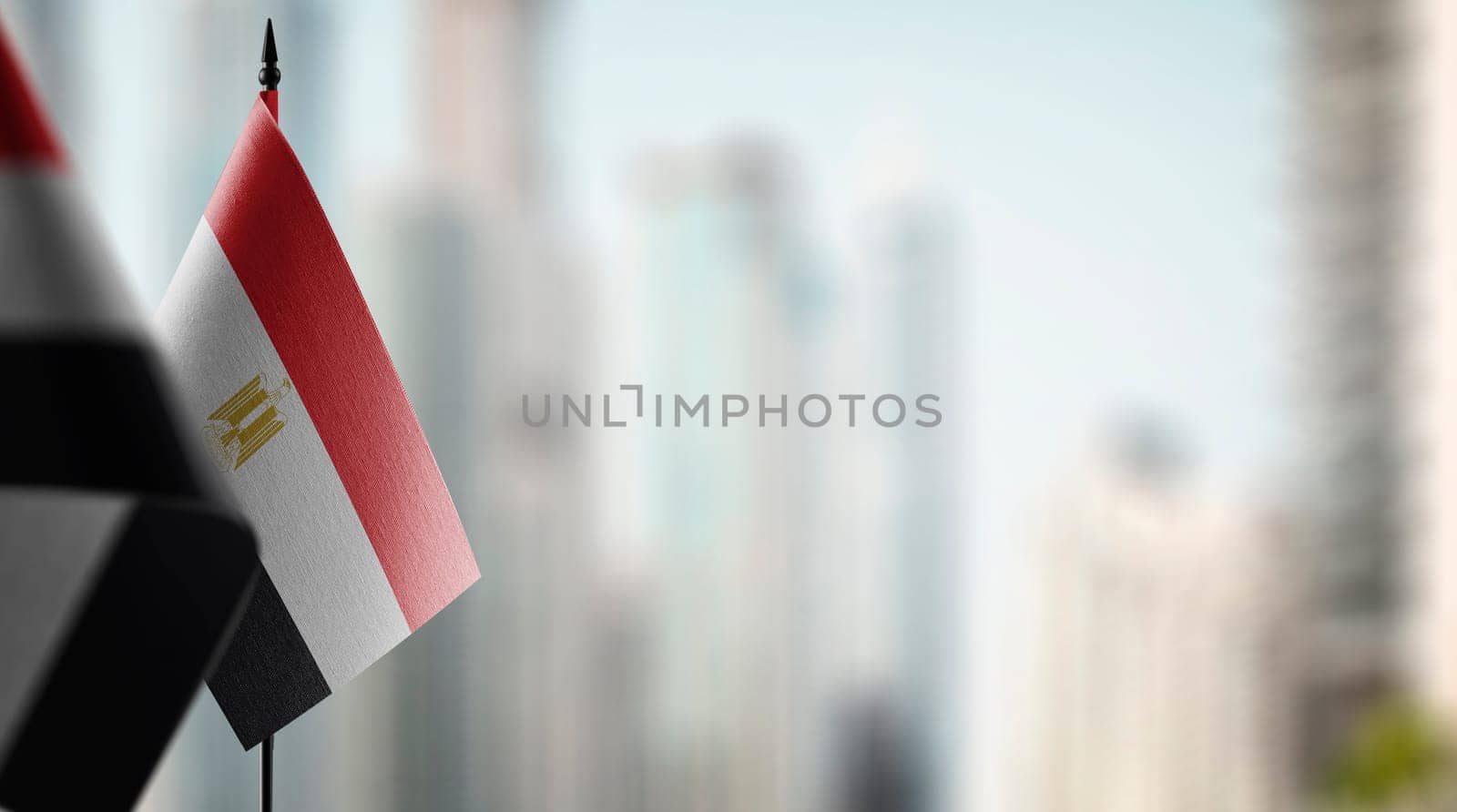 Small flags of the Egypt on an abstract blurry background by butenkow