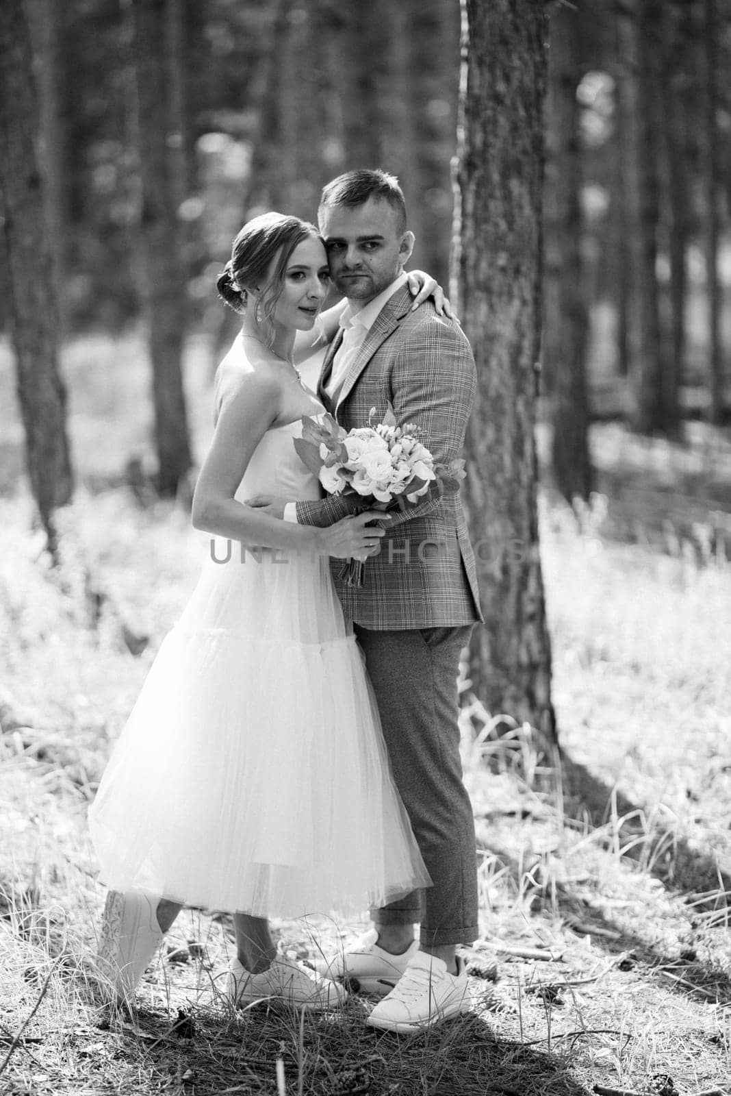 young couple bride in a white short dress and groom in a gray suit in a pine forest among the trees