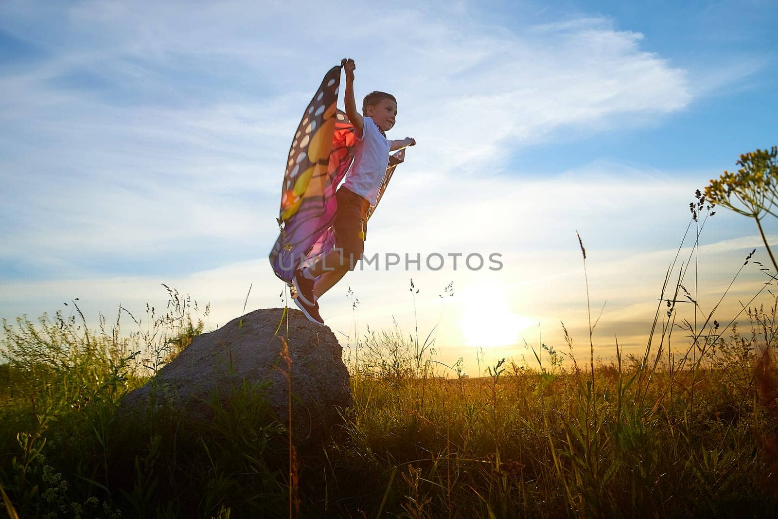 Handsome boy with bright butterfly wings having fun in meadow on natural landscape with grass and flowers on sunny summer day. Portrait of a teenage guy in spring season outdoors on field by keleny