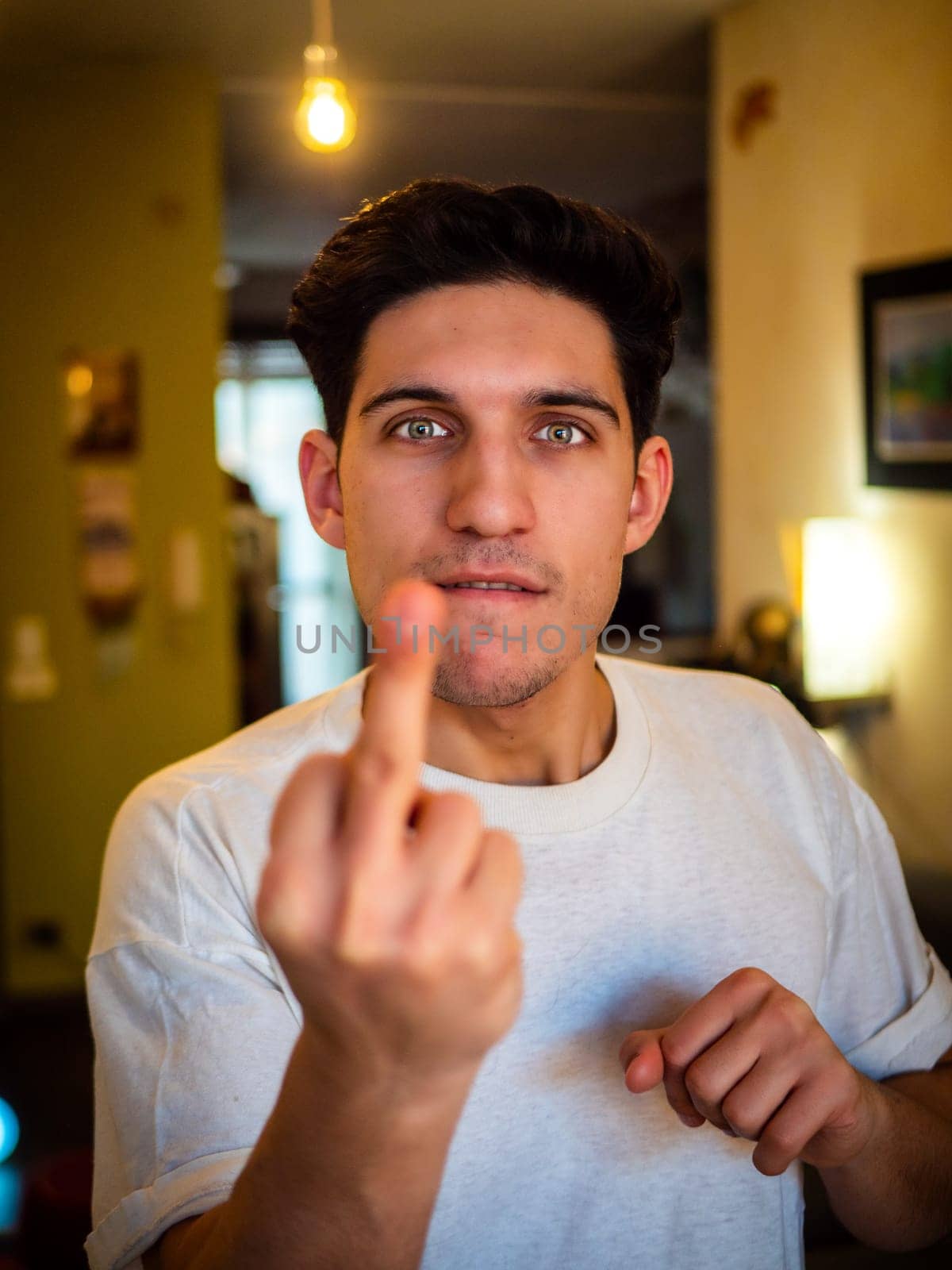 Young man doing 'screw you' sign with middle finger looking at camera, indoor at home
