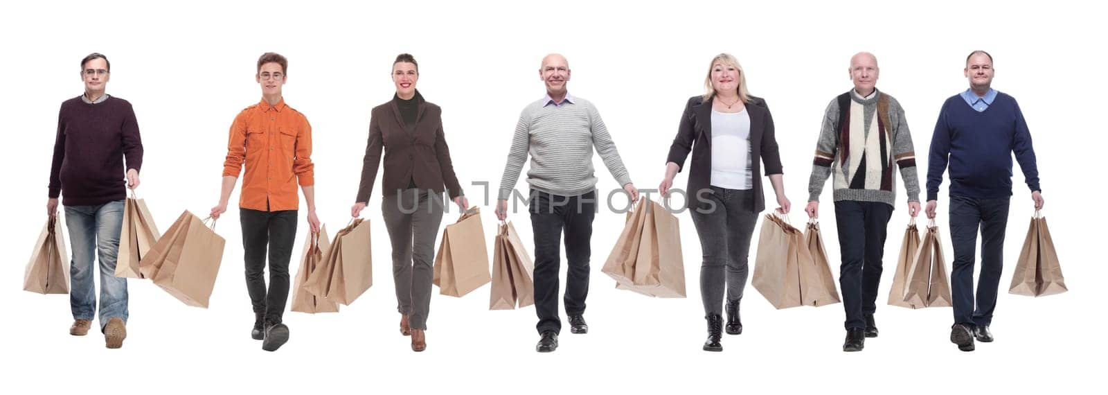 a line of people with shopping bags isolated by asdf