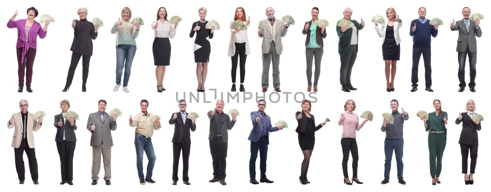 group of successful people with money in their hands on a white background