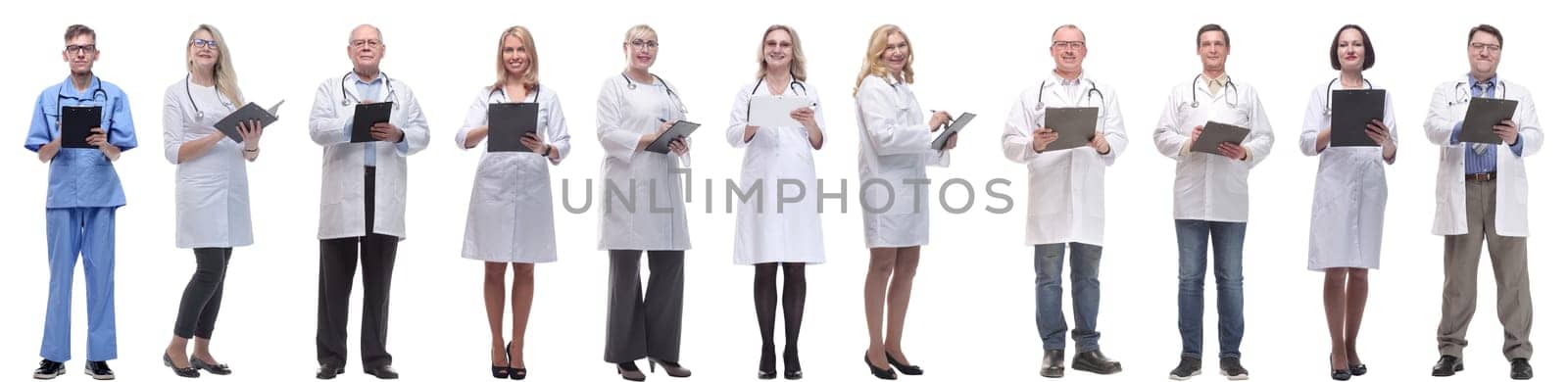 group of doctors in full length isolated on white background