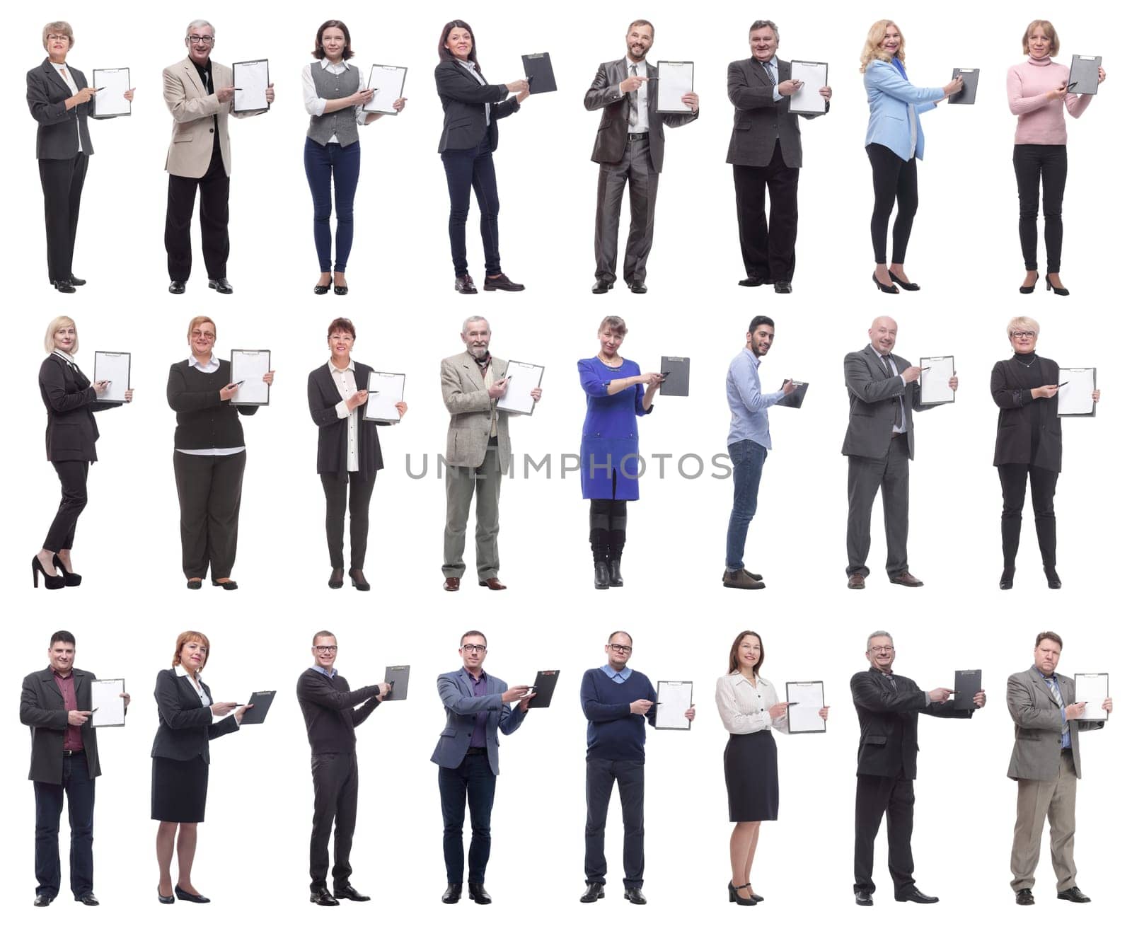group of successful people with notepad in hands isolated on white background