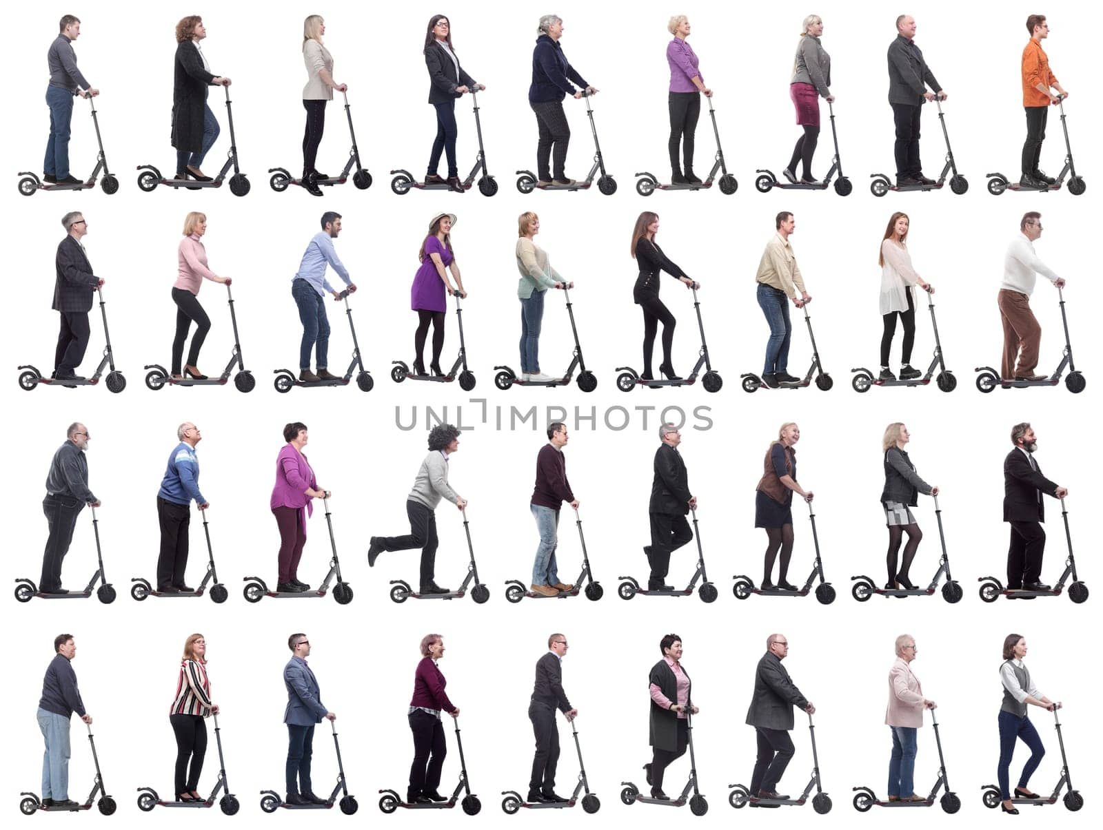 group of successful people on scooter isolated on white background
