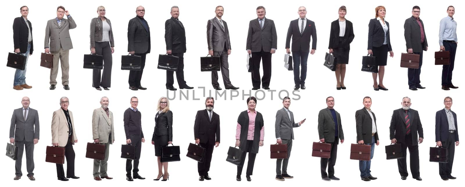 collage, group of businessmen with briefcase isolated on white background