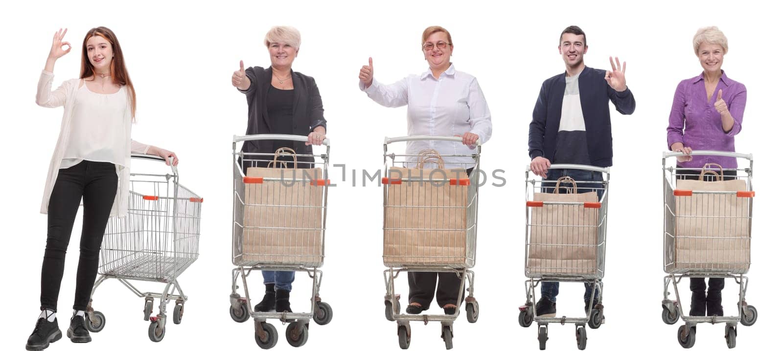 group of people with shopping cart showing thumbs up isolated on white background