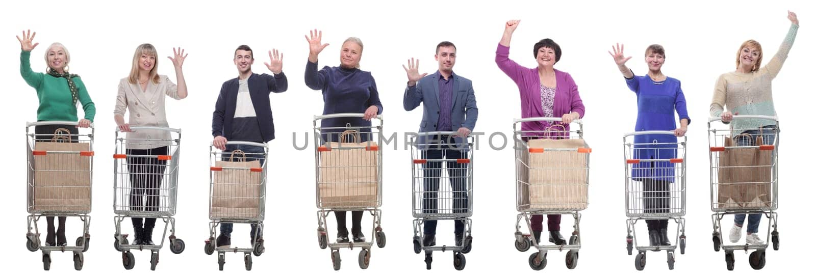 group of people with shopping cart showing thumbs up at camera isolated on white background