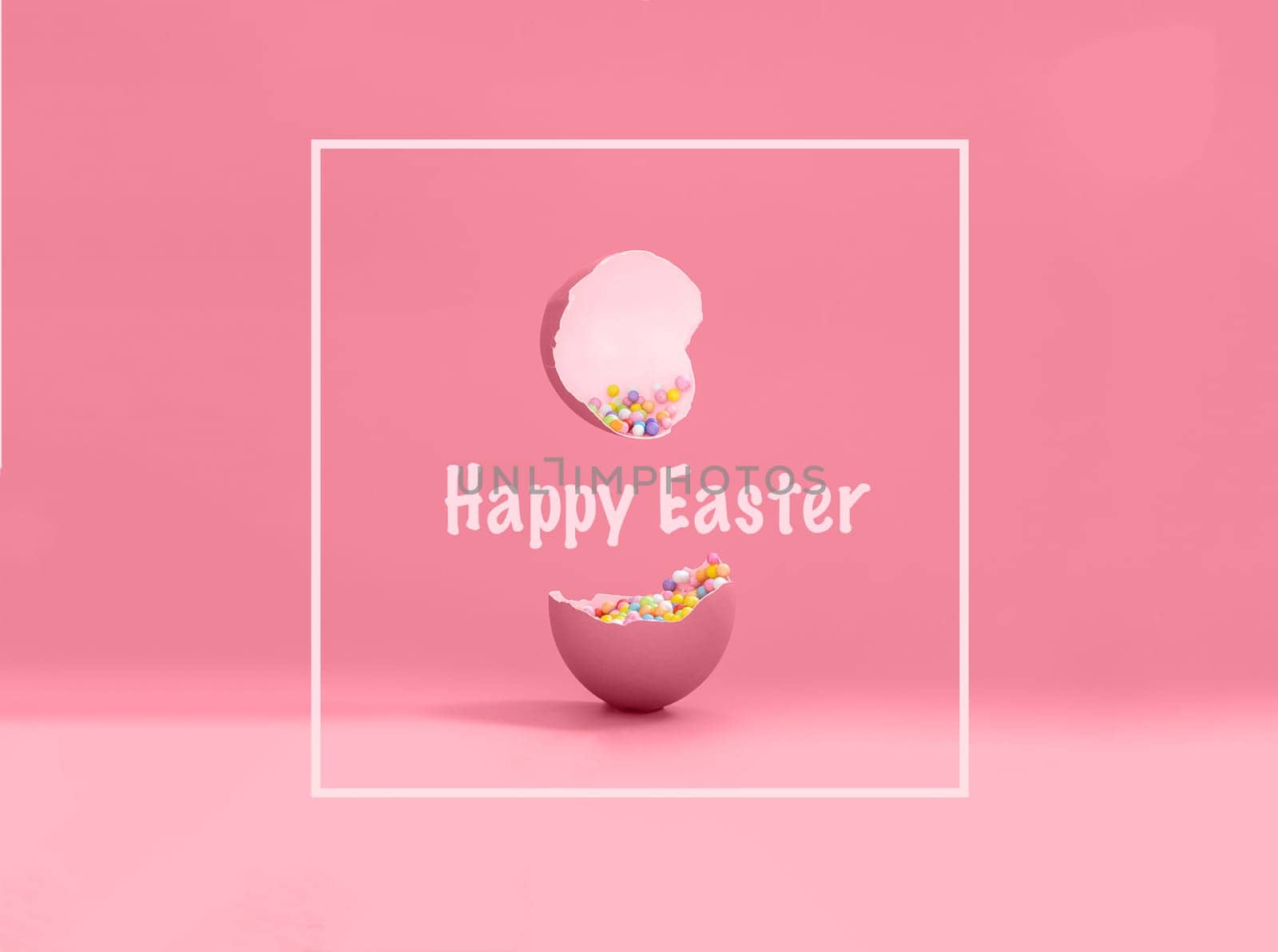 Broken decorative easter egg with colorful confetti. Minimal composition, vivid color pastel pink background. Copy space. Text Happy Easter.