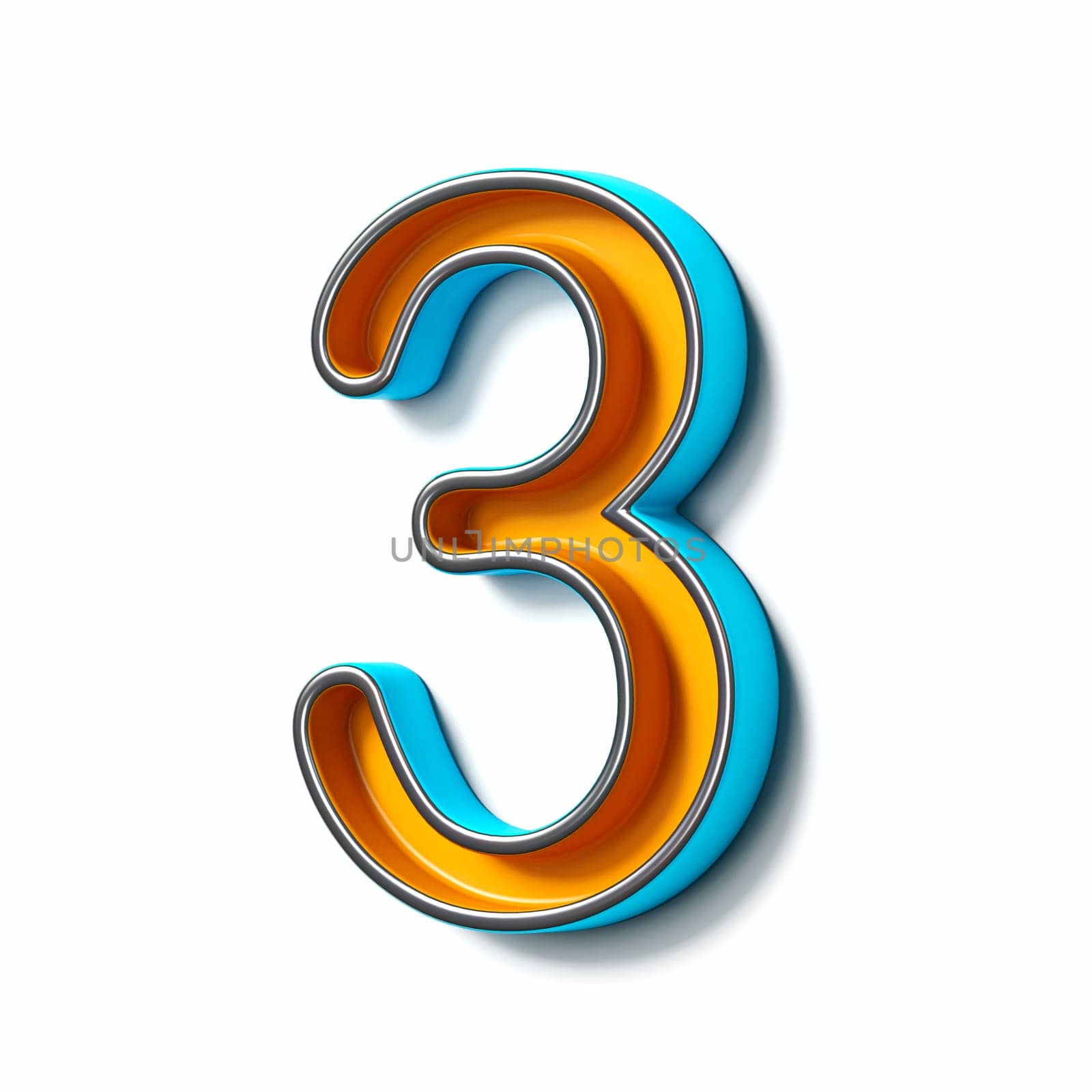 Orange blue thin metal font Number 3 THREE 3D rendering illustration isolated on white background