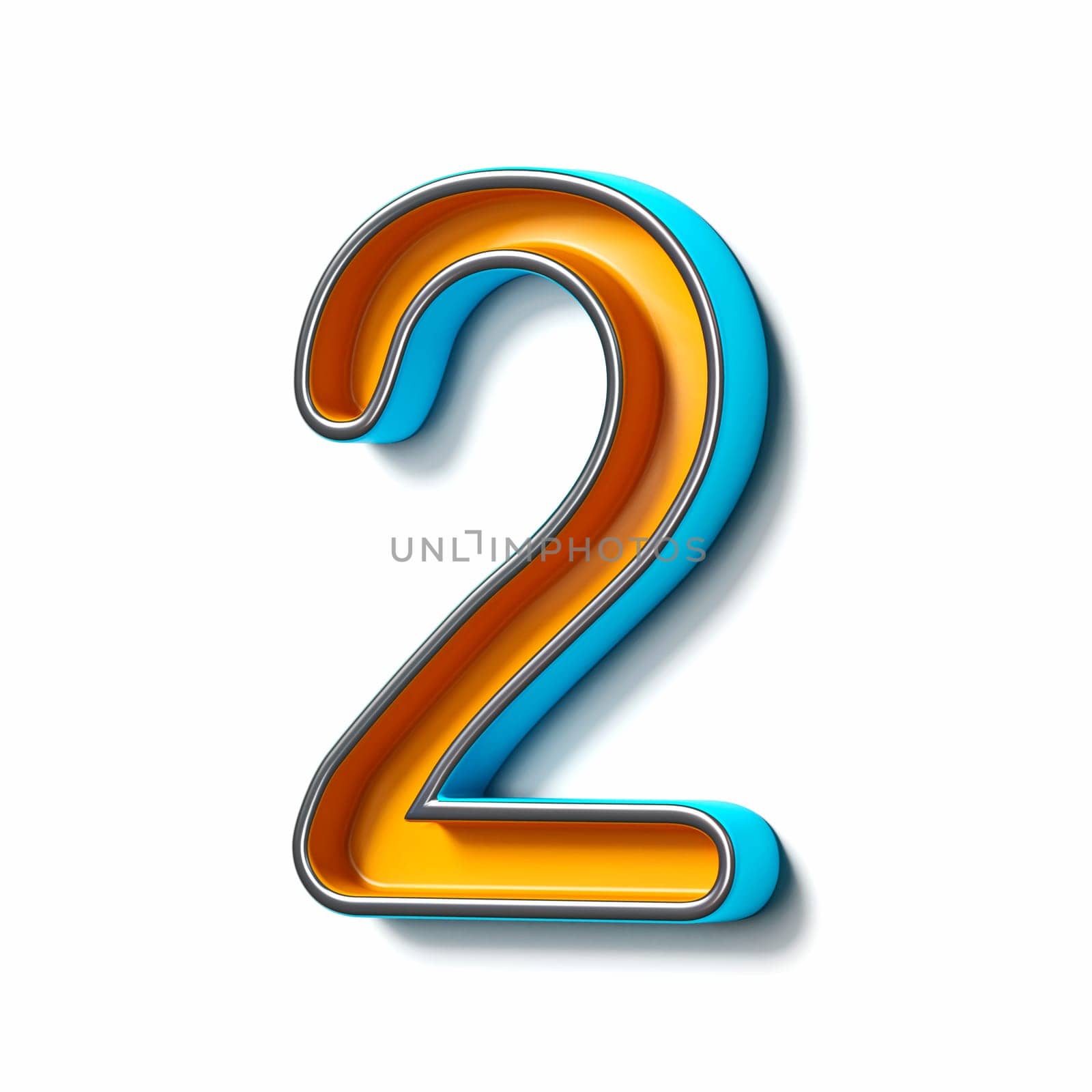 Orange blue thin metal font Number 2 TWO 3D rendering illustration isolated on white background