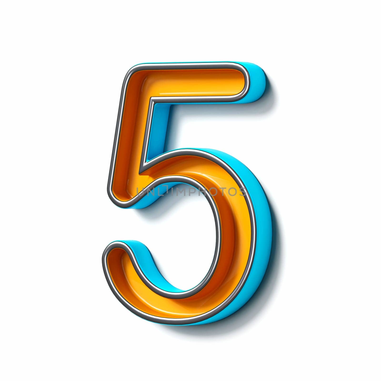 Orange blue thin metal font Number 5 FIVE 3D rendering illustration isolated on white background