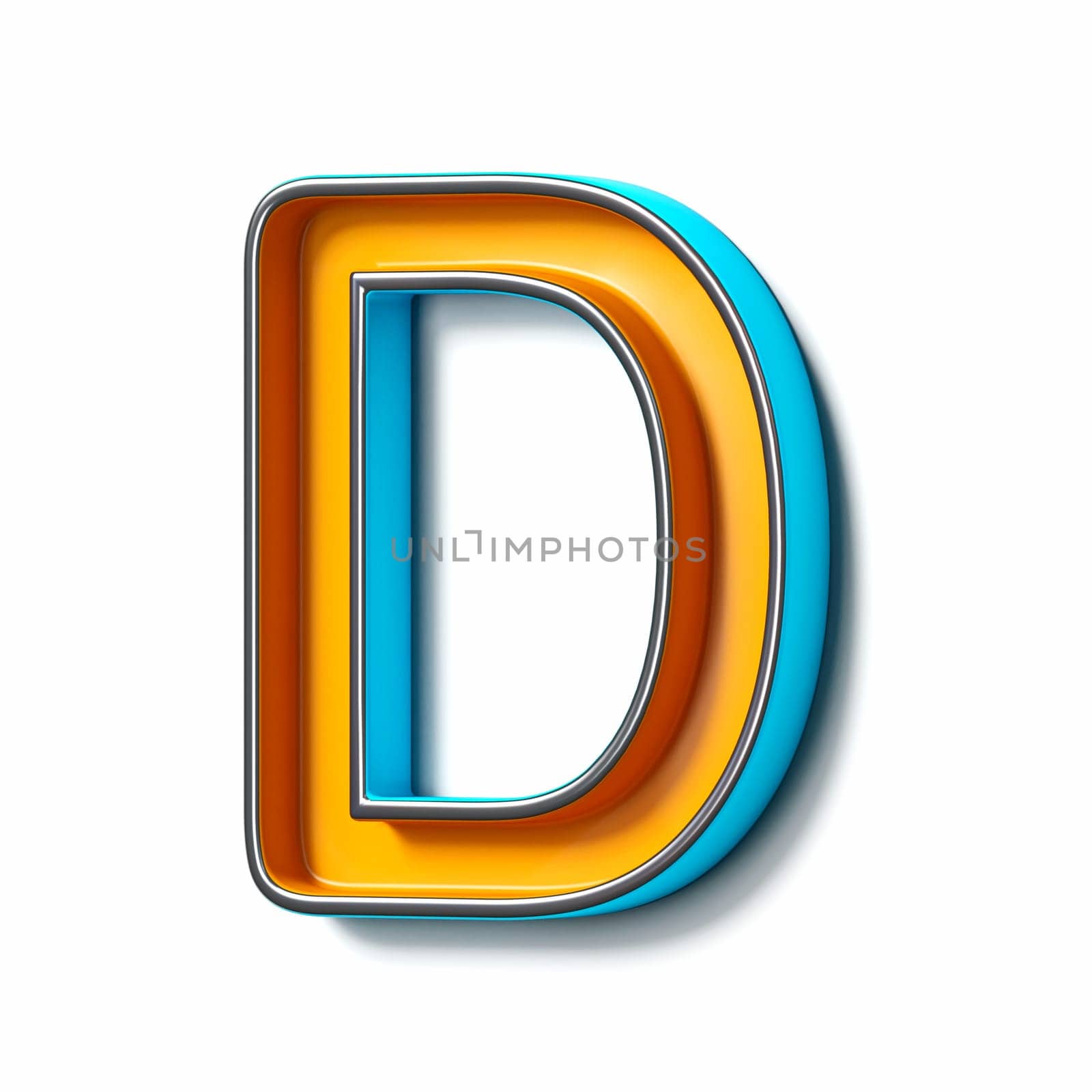Orange blue thin metal font Letter D 3D rendering illustration isolated on white background