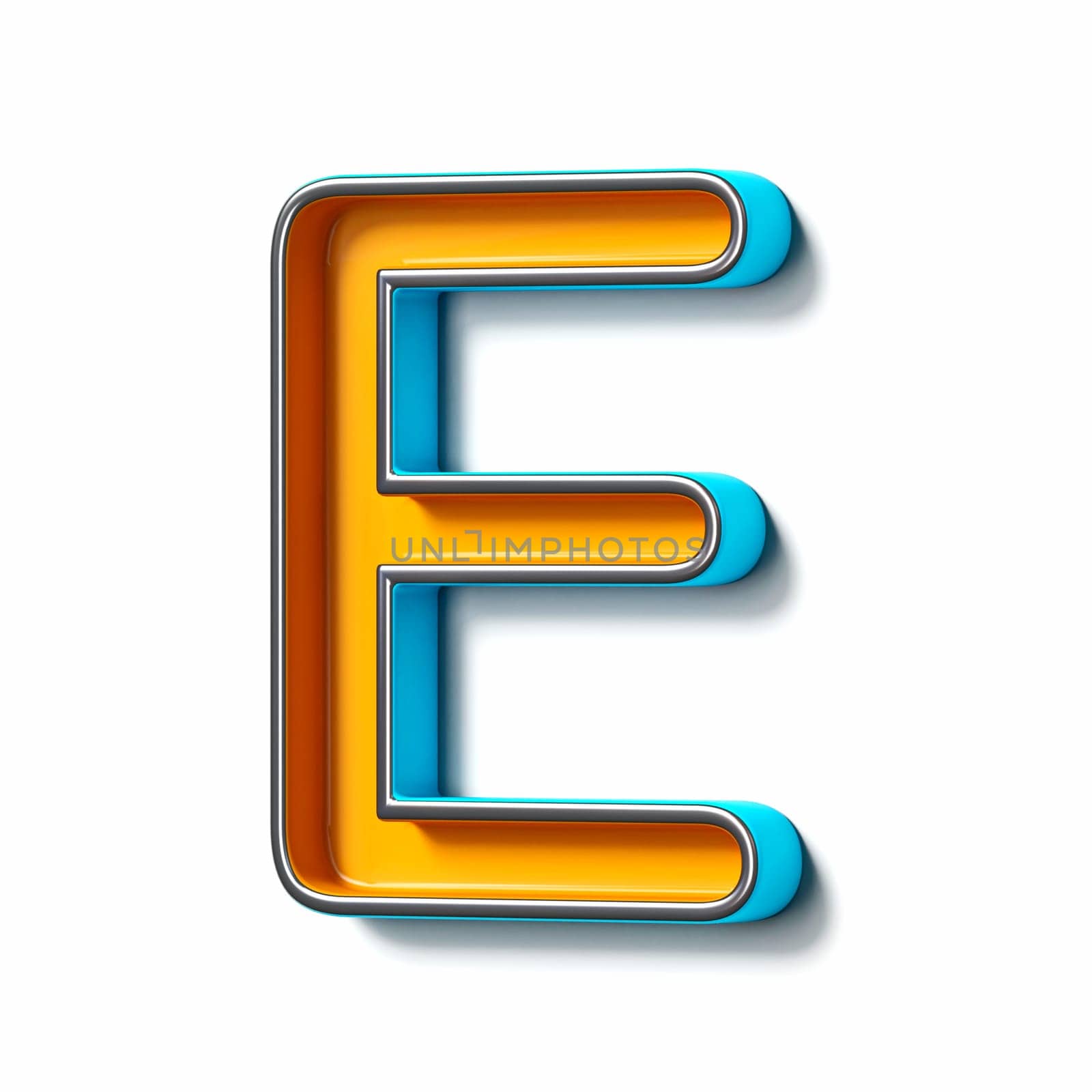 Orange blue thin metal font Letter E 3D rendering illustration isolated on white background