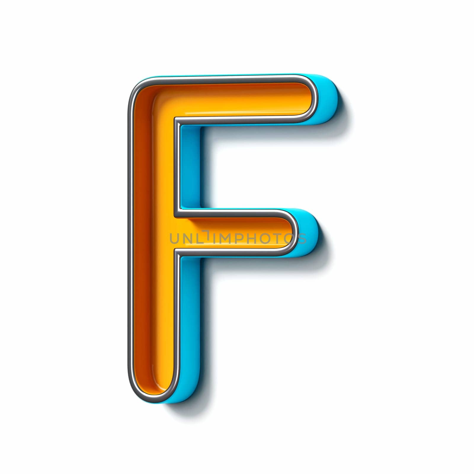 Orange blue thin metal font Letter F 3D rendering illustration isolated on white background