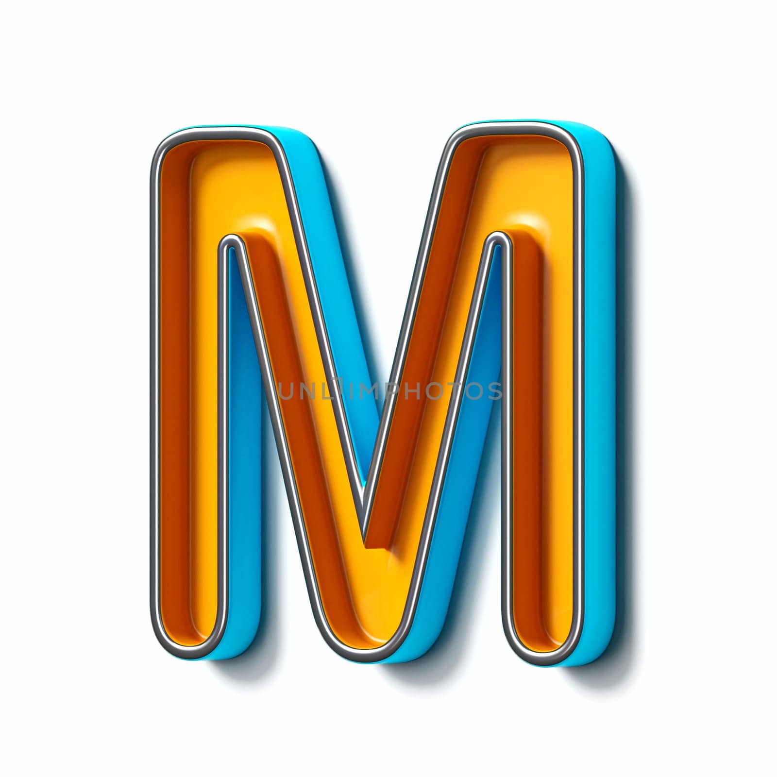 Orange blue thin metal font Letter M 3D rendering illustration isolated on white background