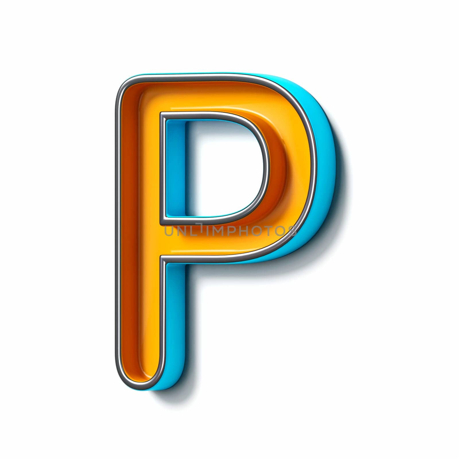 Orange blue thin metal font Letter P 3D rendering illustration isolated on white background